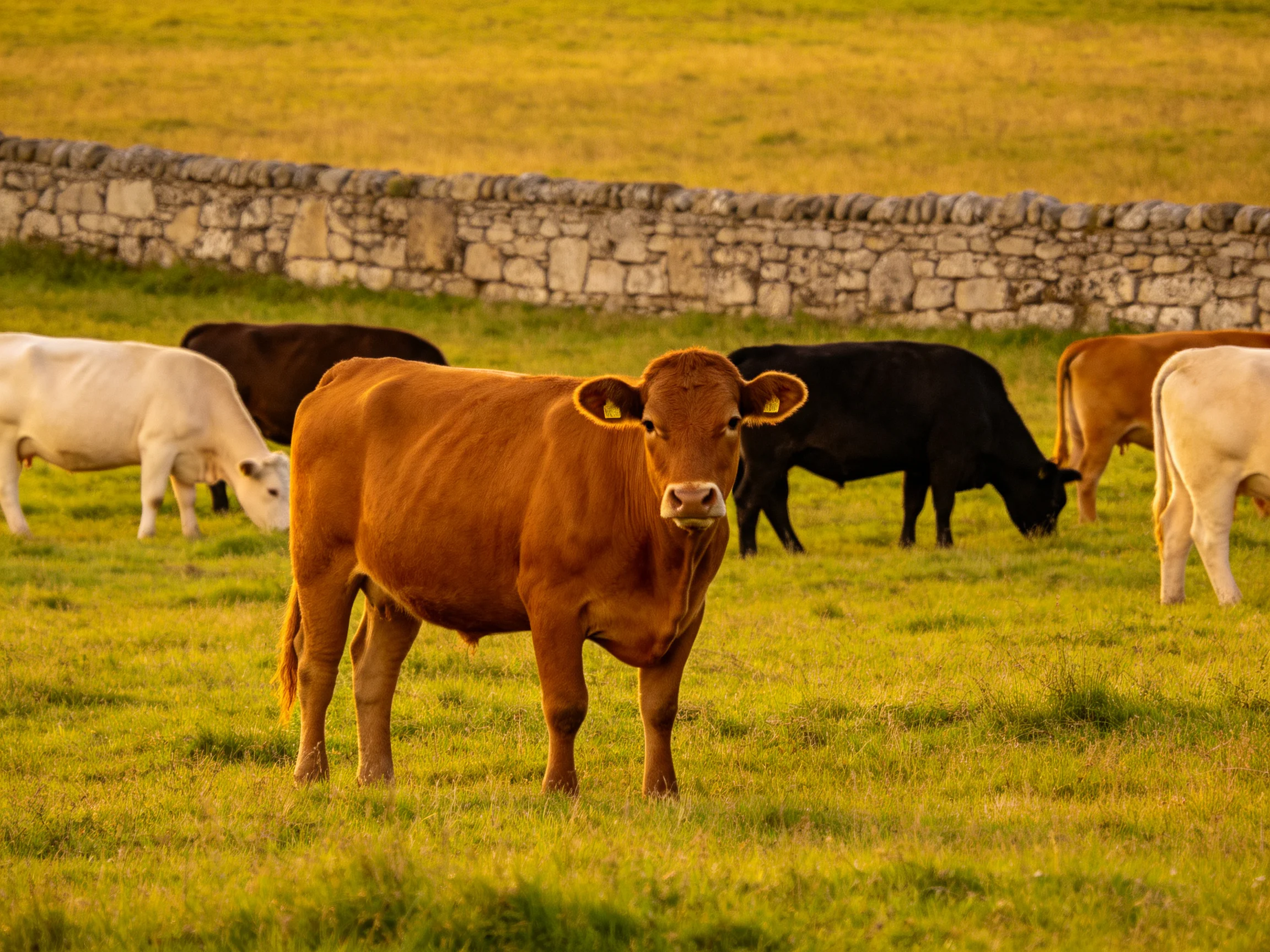 Cows of brown, black, and white graze in a sunlit pasture with a stone wall.