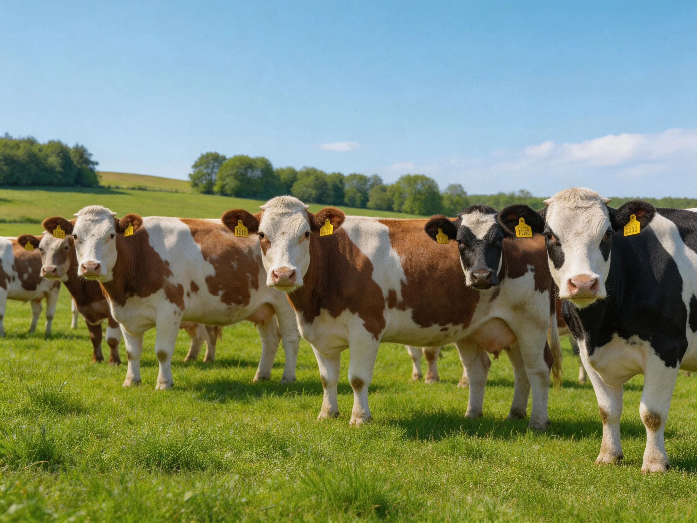 Cows of brown, white, and black coats gather in a green pasture under blue skies