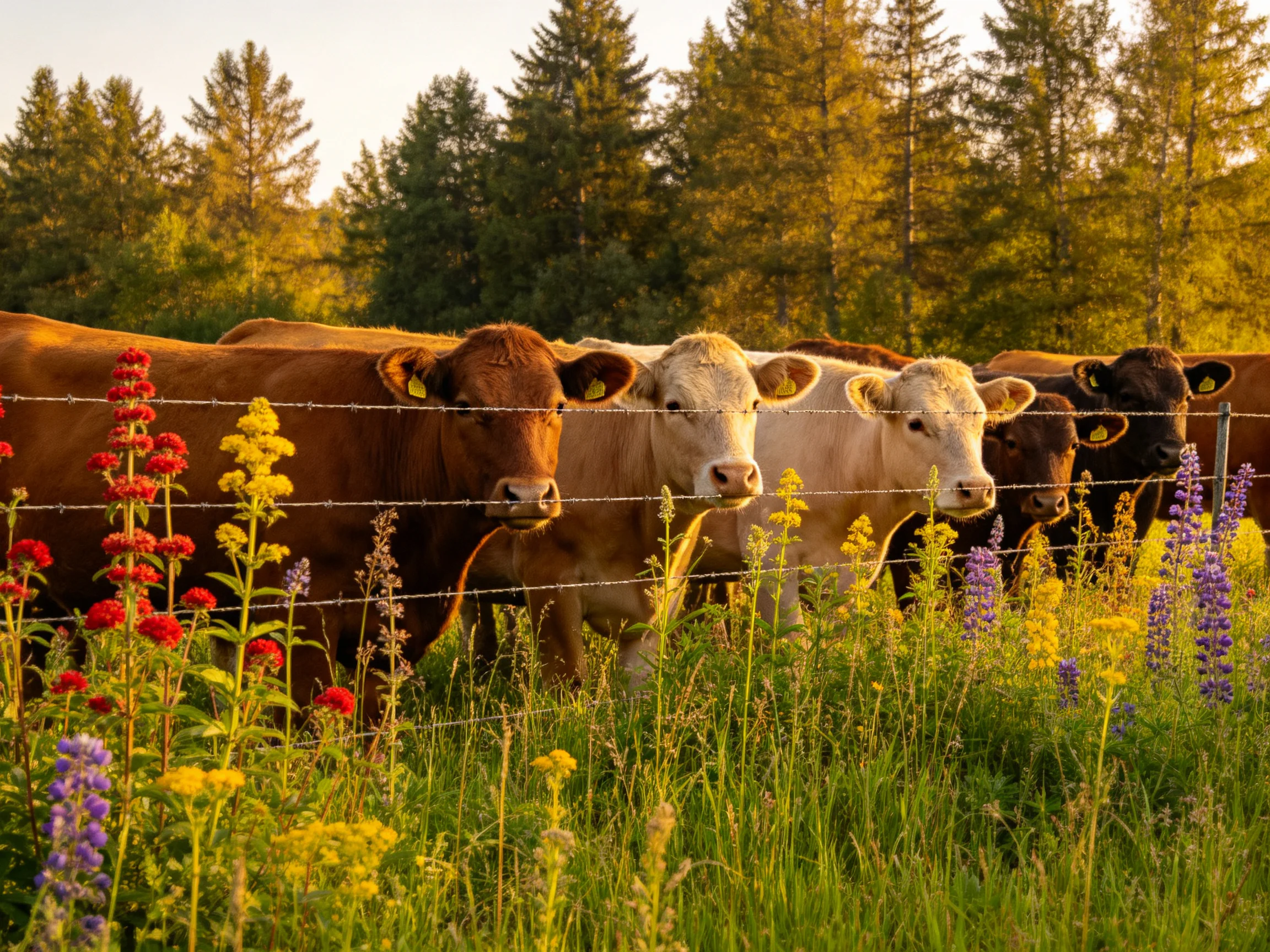 Cows of multiple colors near colorful wildflowers by a barbed wire fence