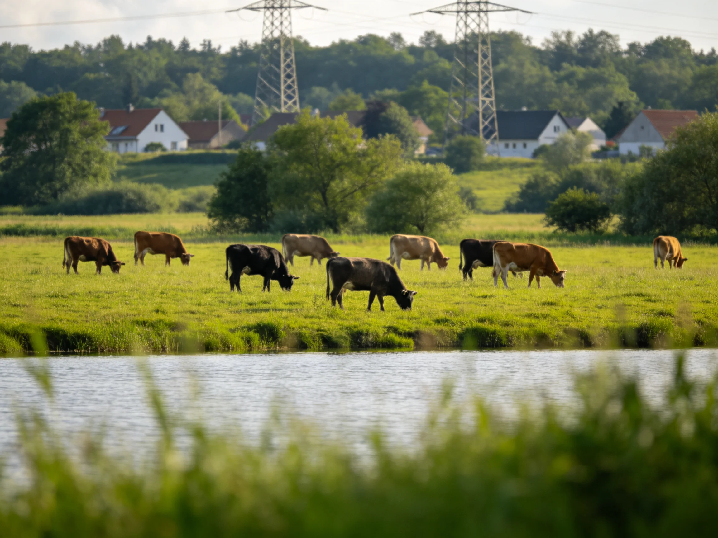 Cows of varied hues graze in a verdant field near a calm pond with rural homes