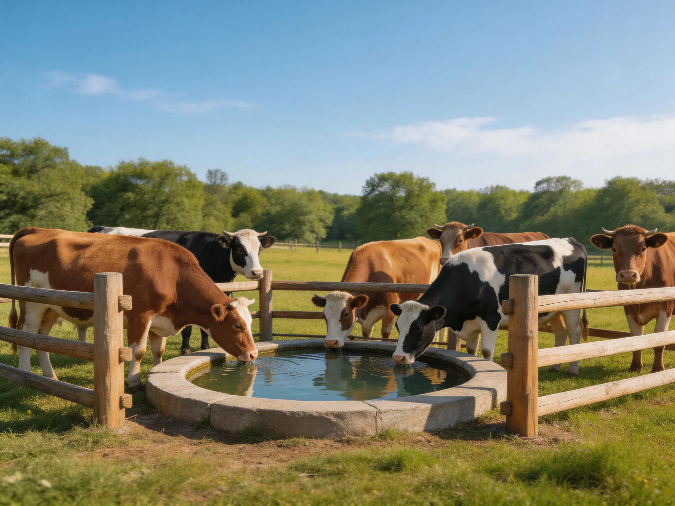 Cows of various colors drink from a stone water trough near a wooden fence
