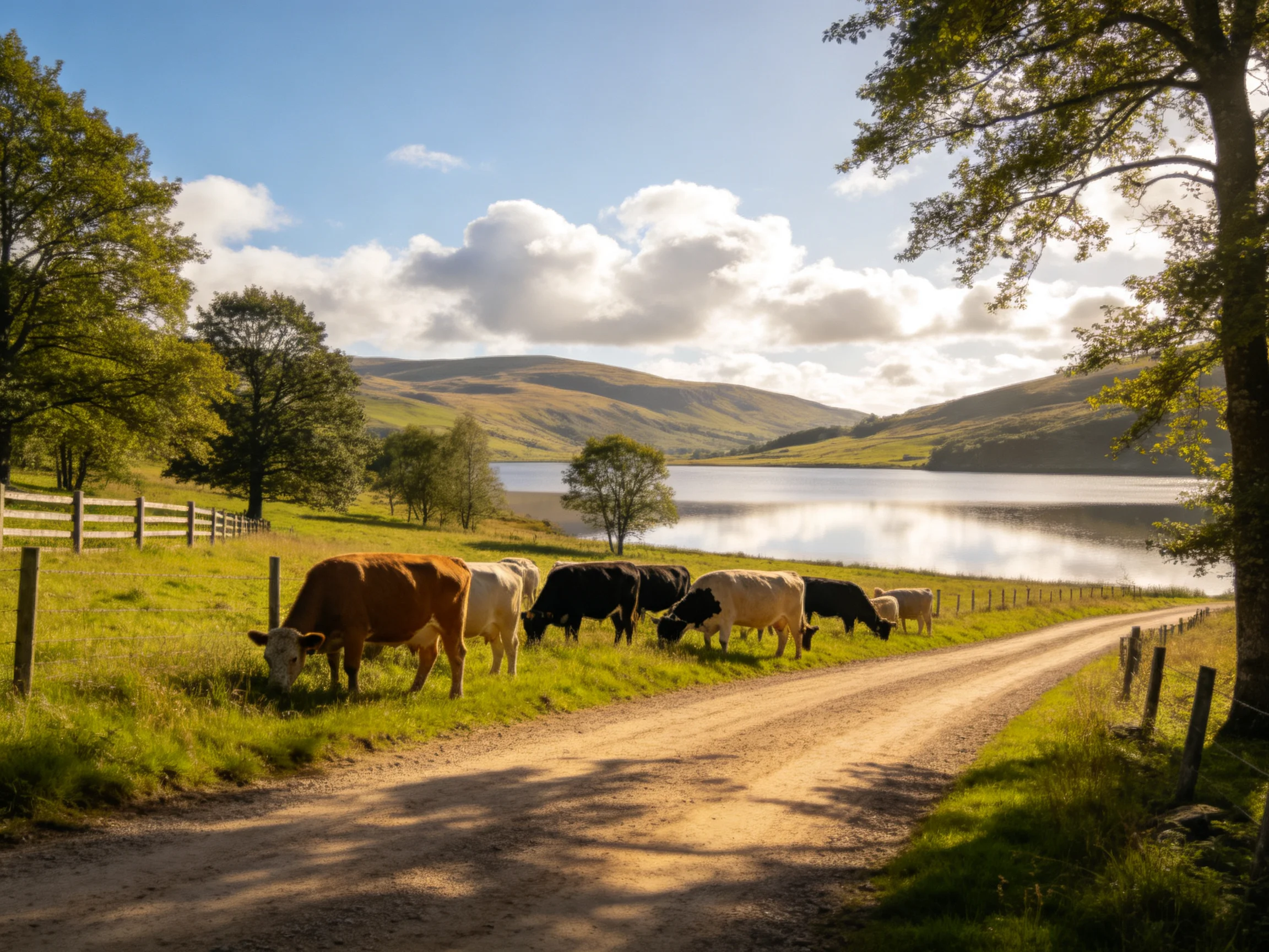 Cows of various colors graze by a dirt road beside a serene lake