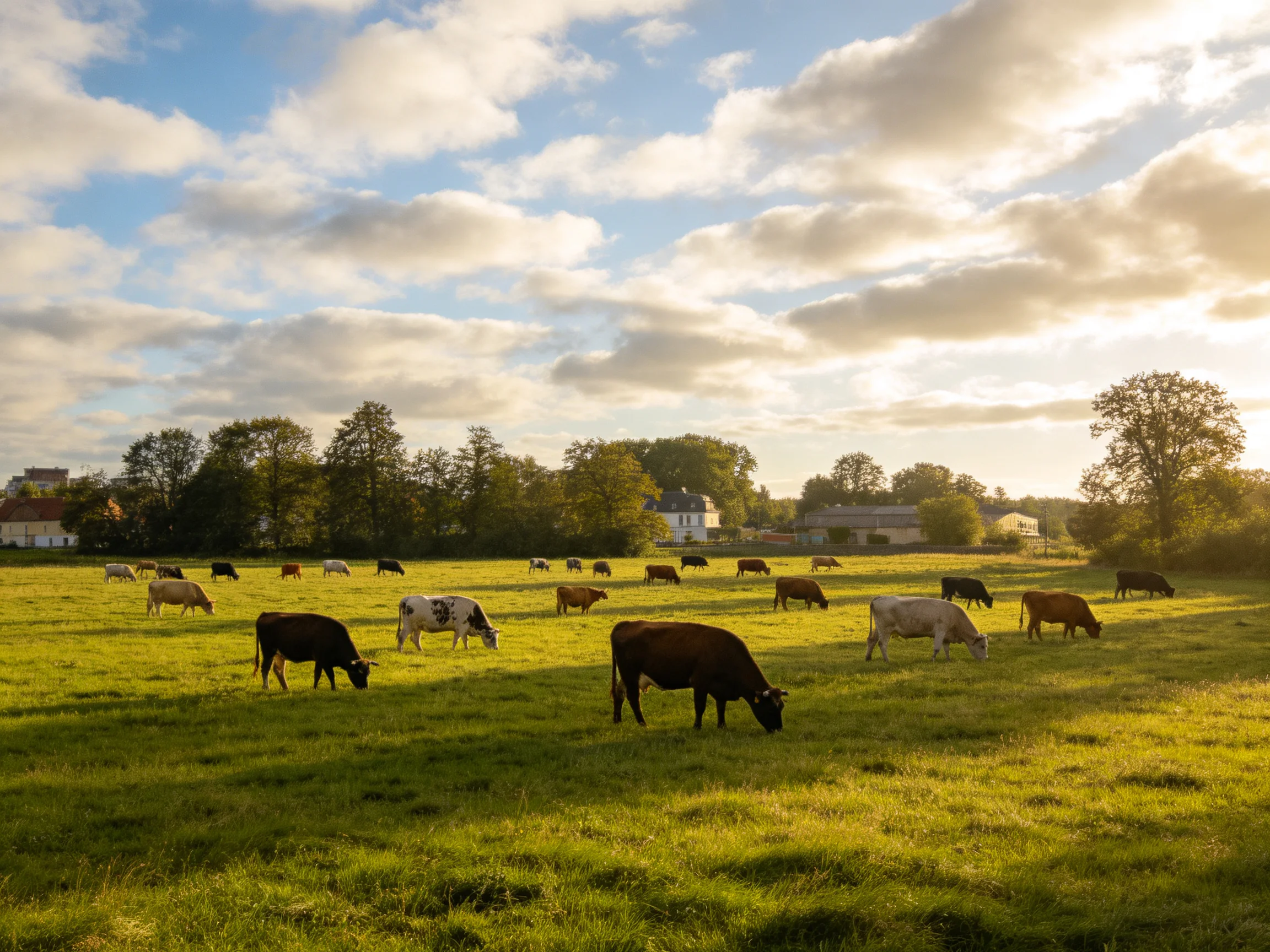 Cows of various colors graze in a sunlit green pasture under a partly cloudy sky