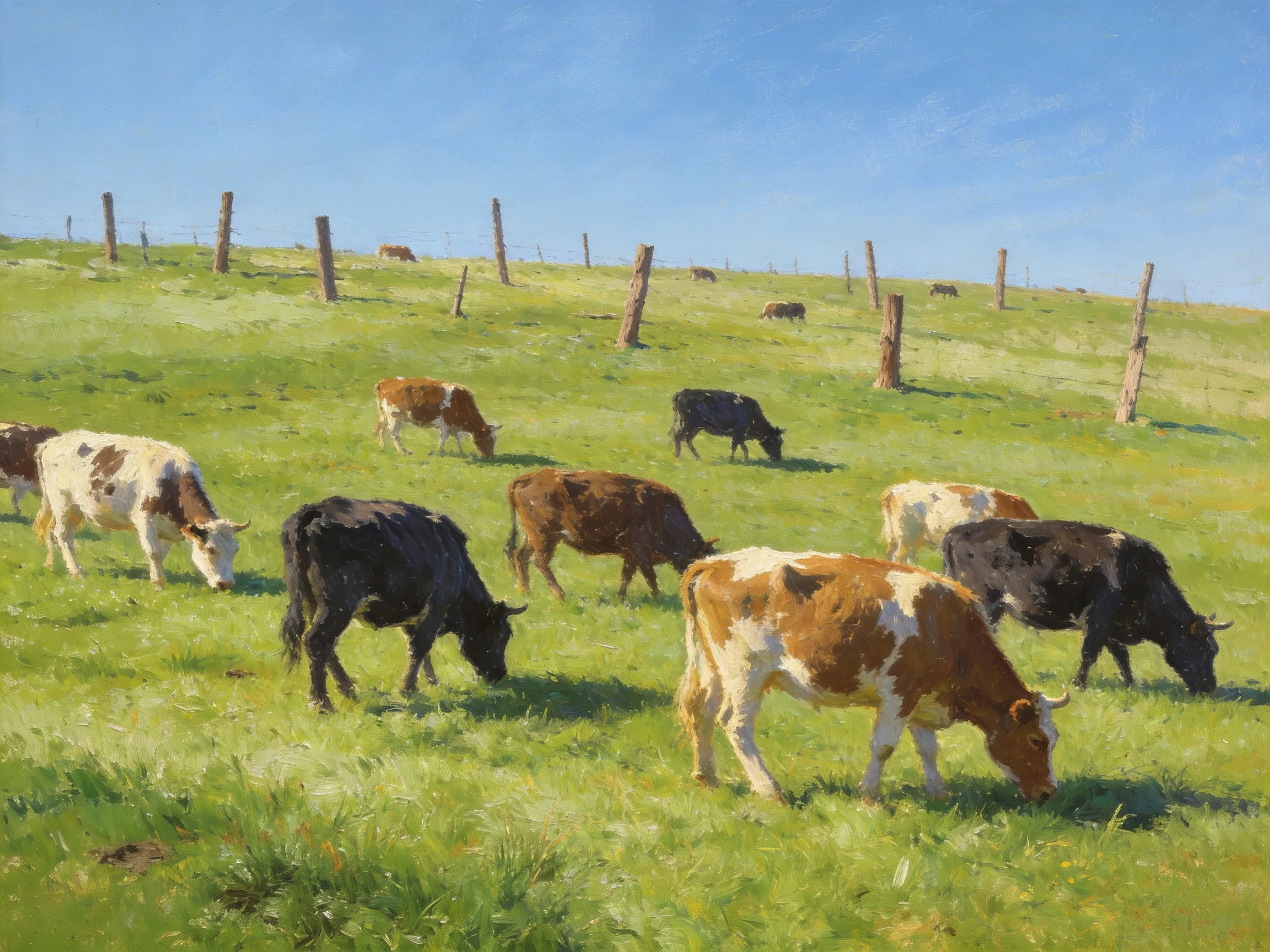 Cows of various colors graze in a sunny green pasture with wooden fence posts