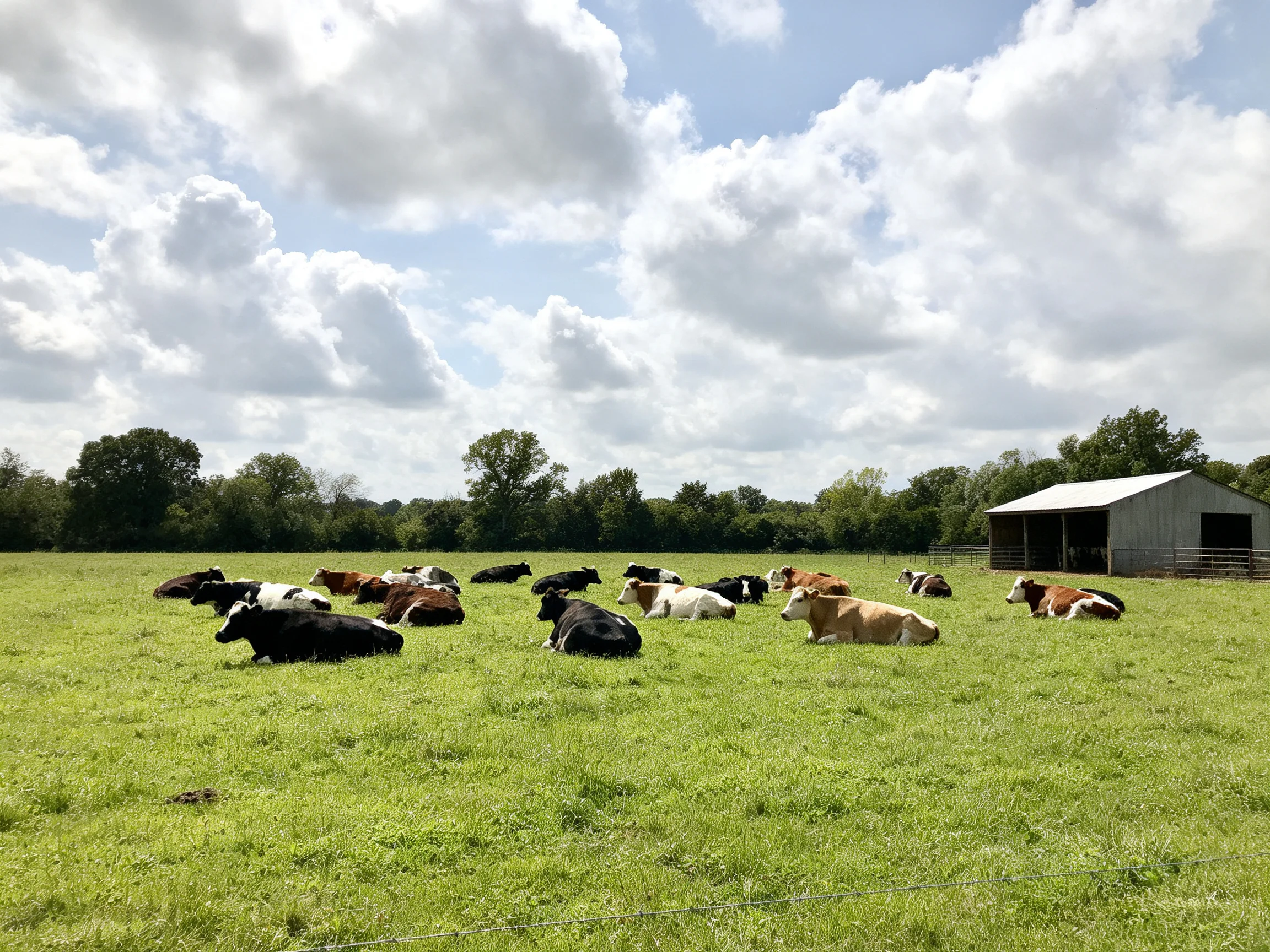 Cows resting in a verdant pasture near a barn under cloudy skies