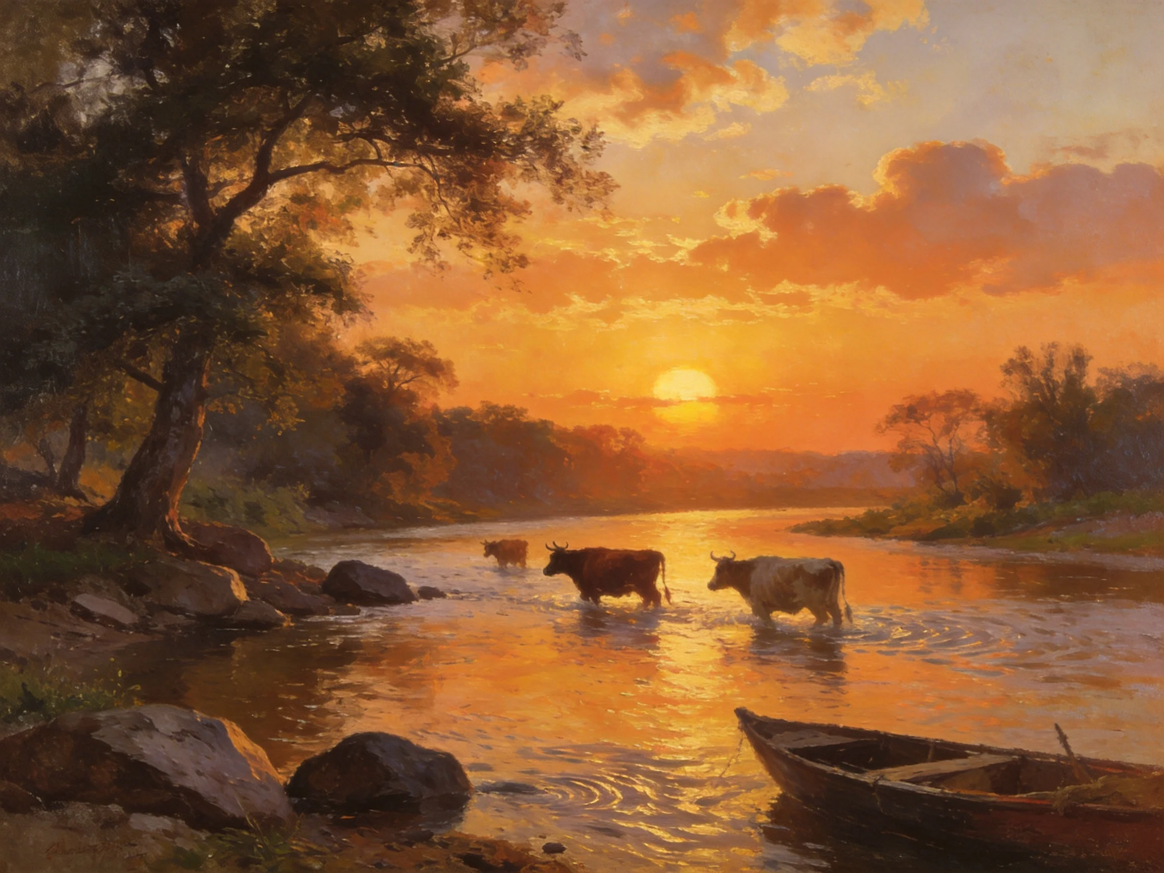 Cows wading through a golden river at sunset