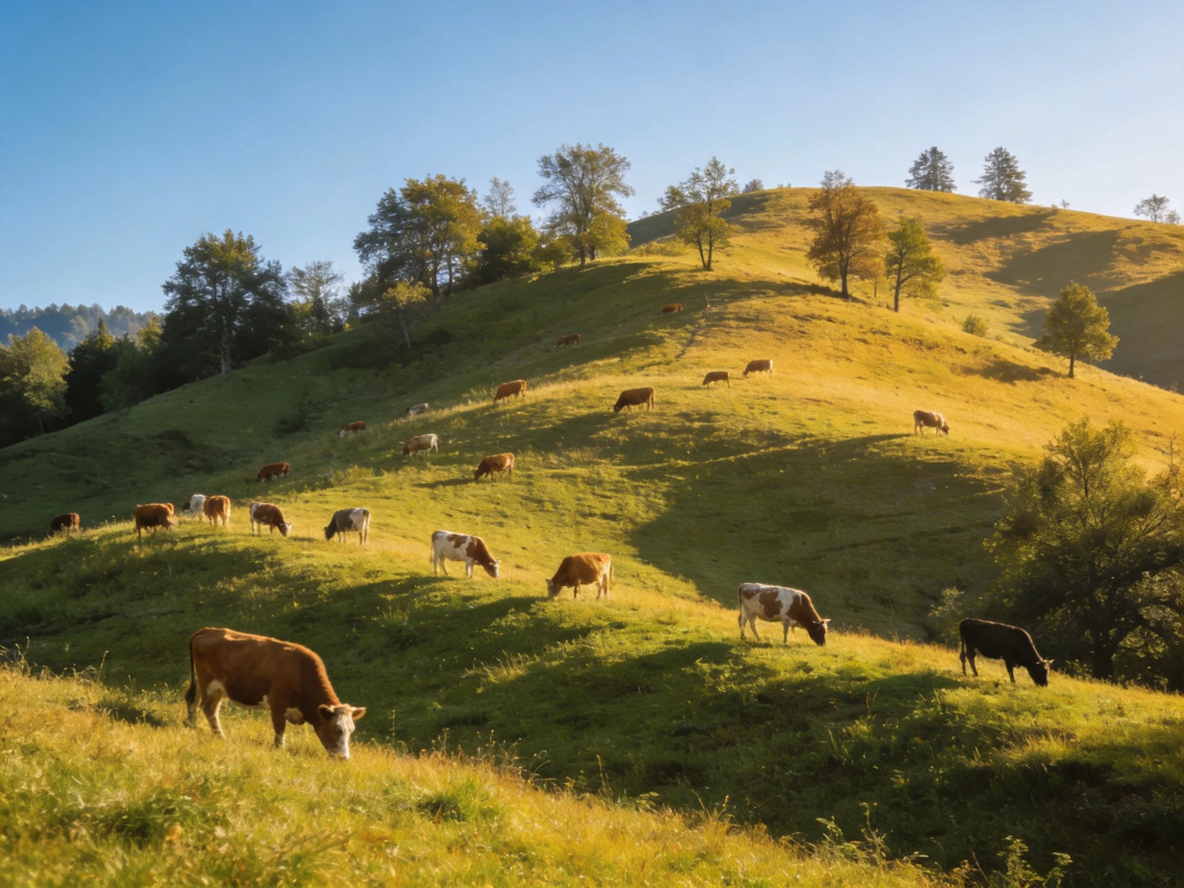 Cowsgrazing on a sunlit green hillside with scattered trees