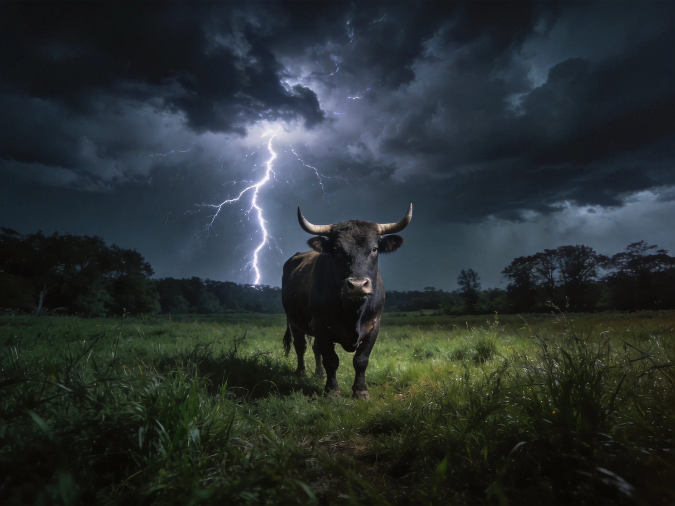 Dark stormy sky with lightning illuminates a lone bull in an open field