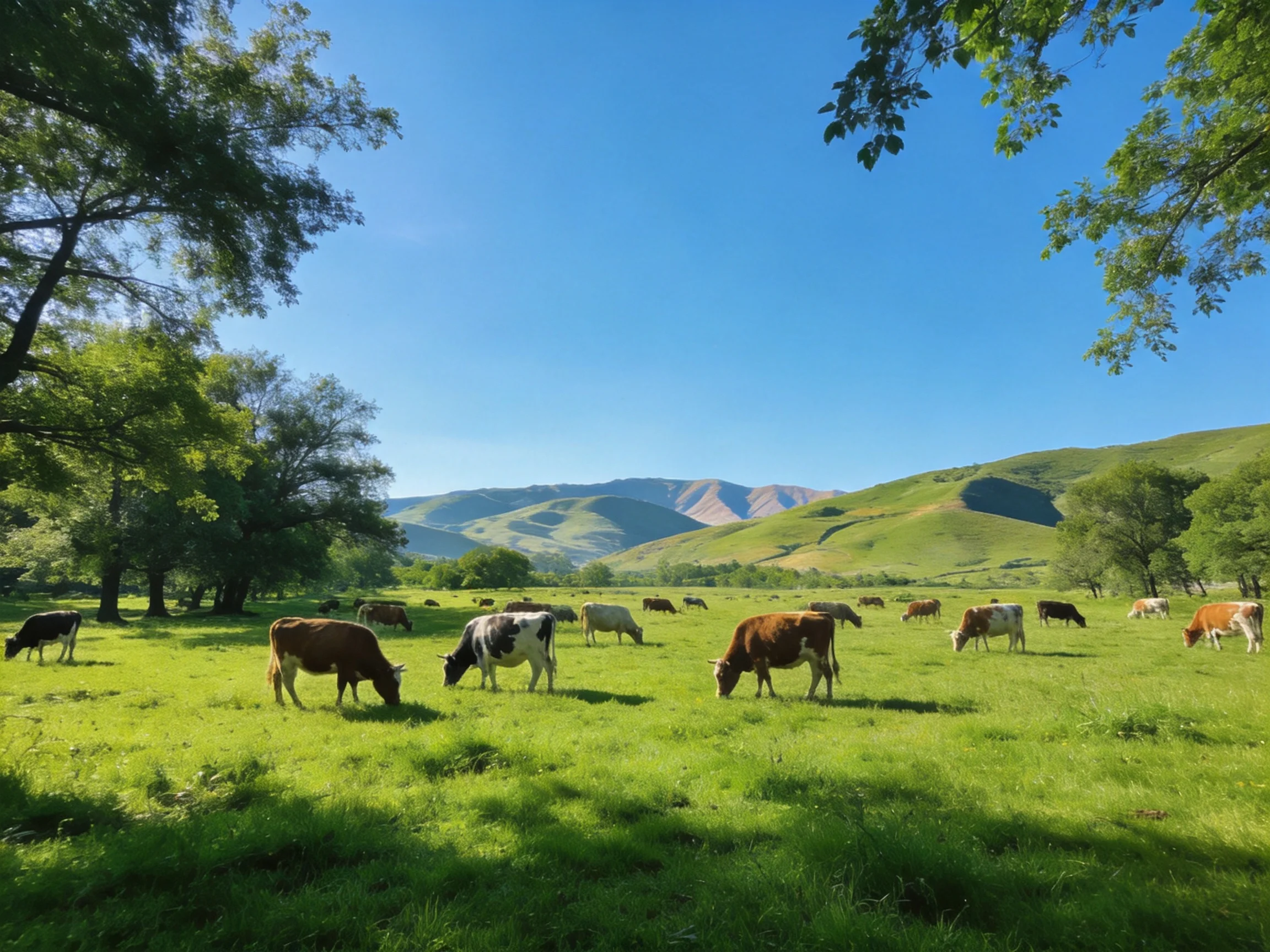 Diverse cattle graze in a lush green meadow near rolling hills