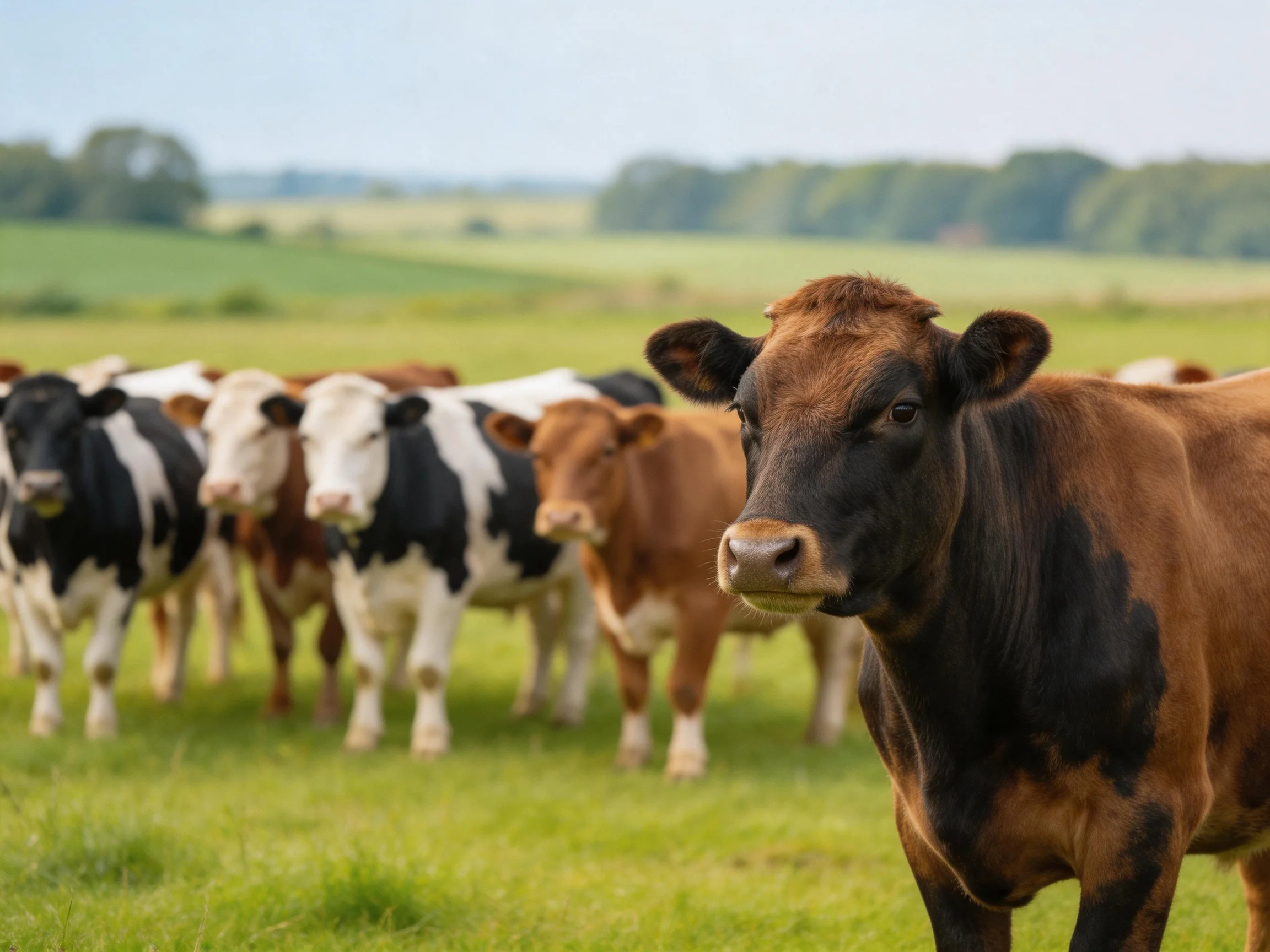 Diverse-colored cows gather in a lush green pasture