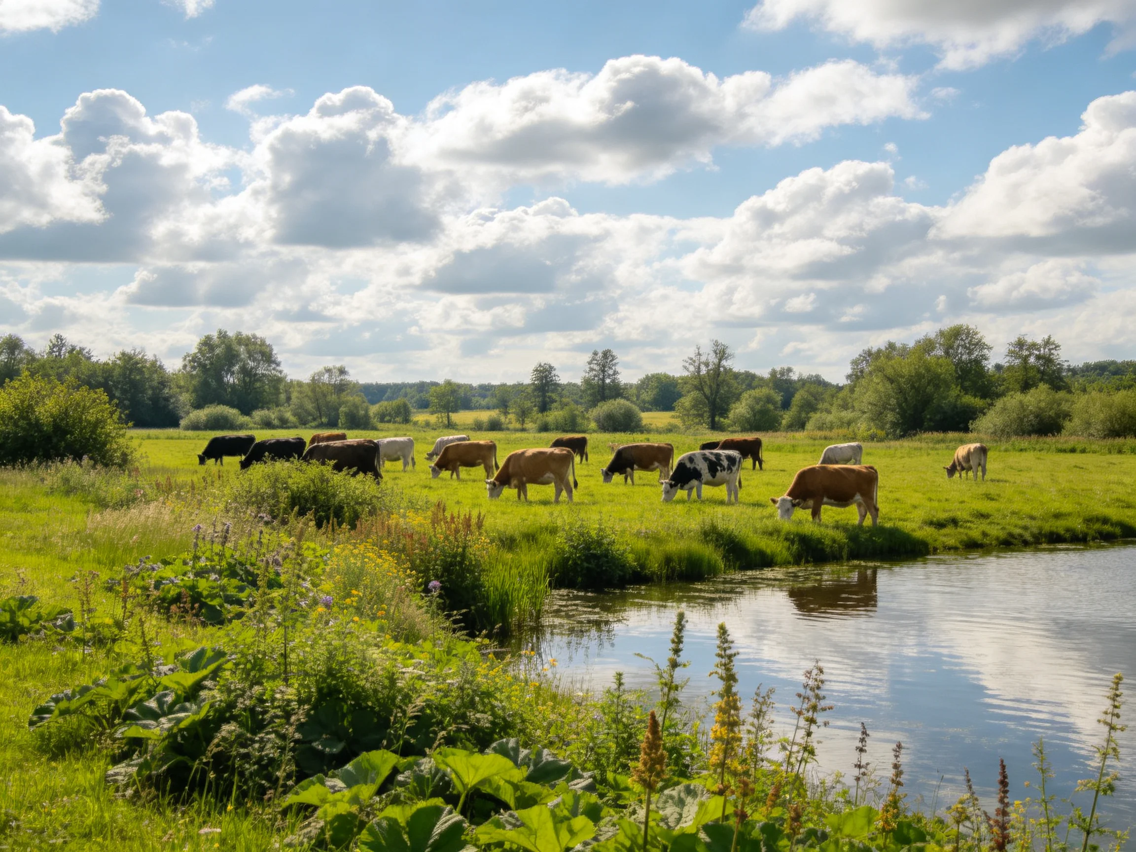Diverse cows graze in a lush green meadow beside a calm river