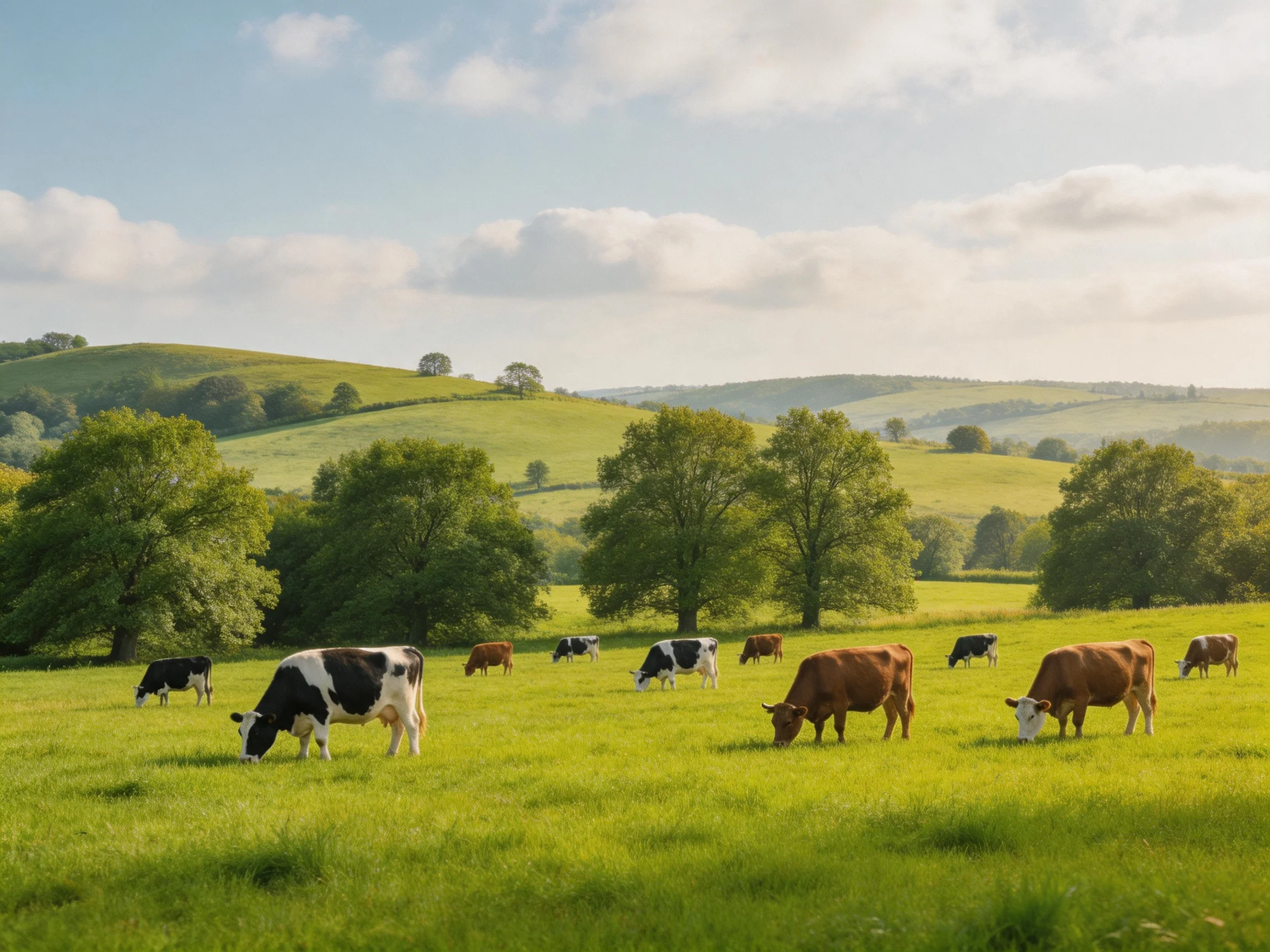Diverse cows graze in a lush green pasture near rolling hills