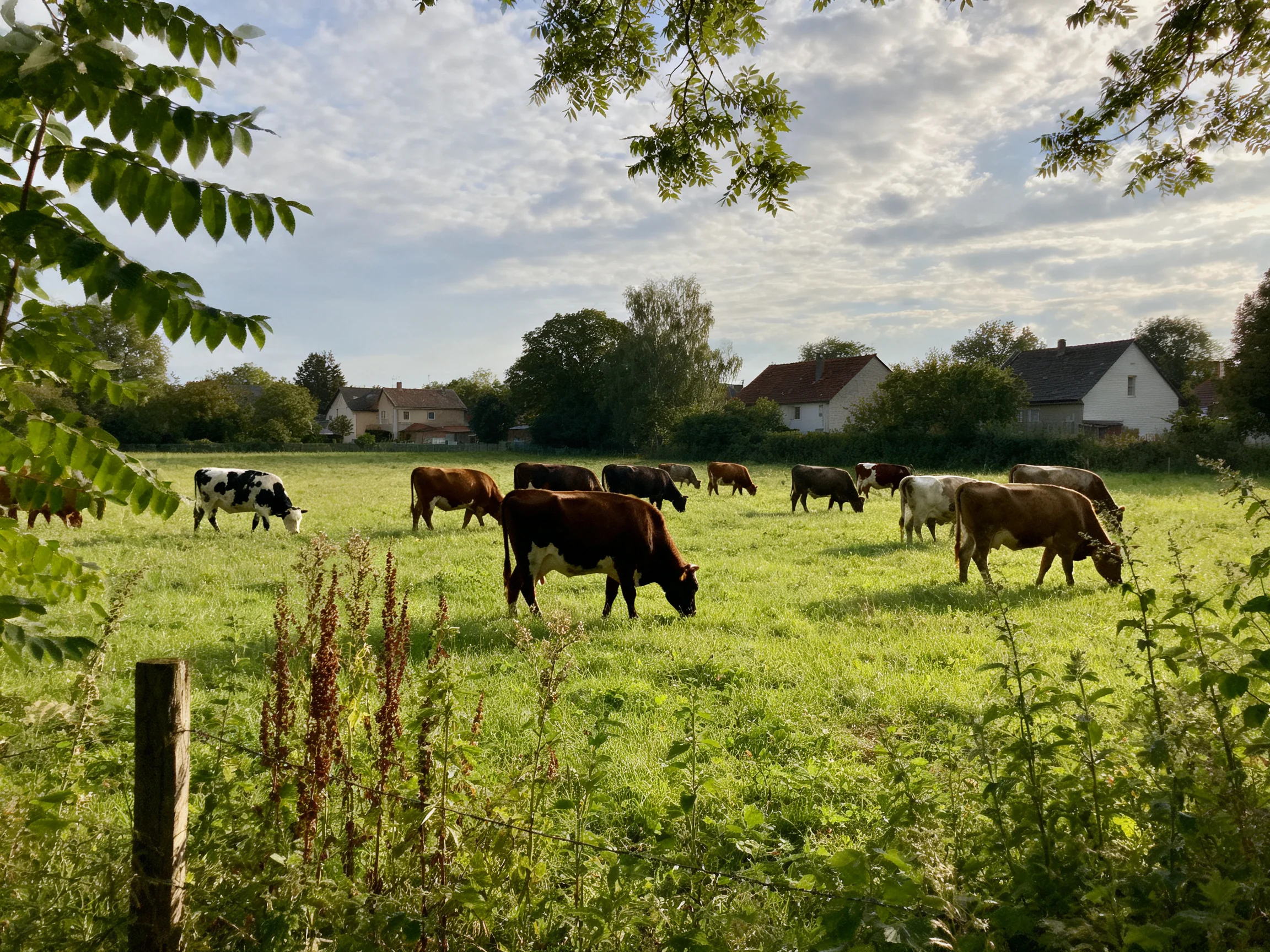 Diverse cows graze in a lush green pasture near white houses