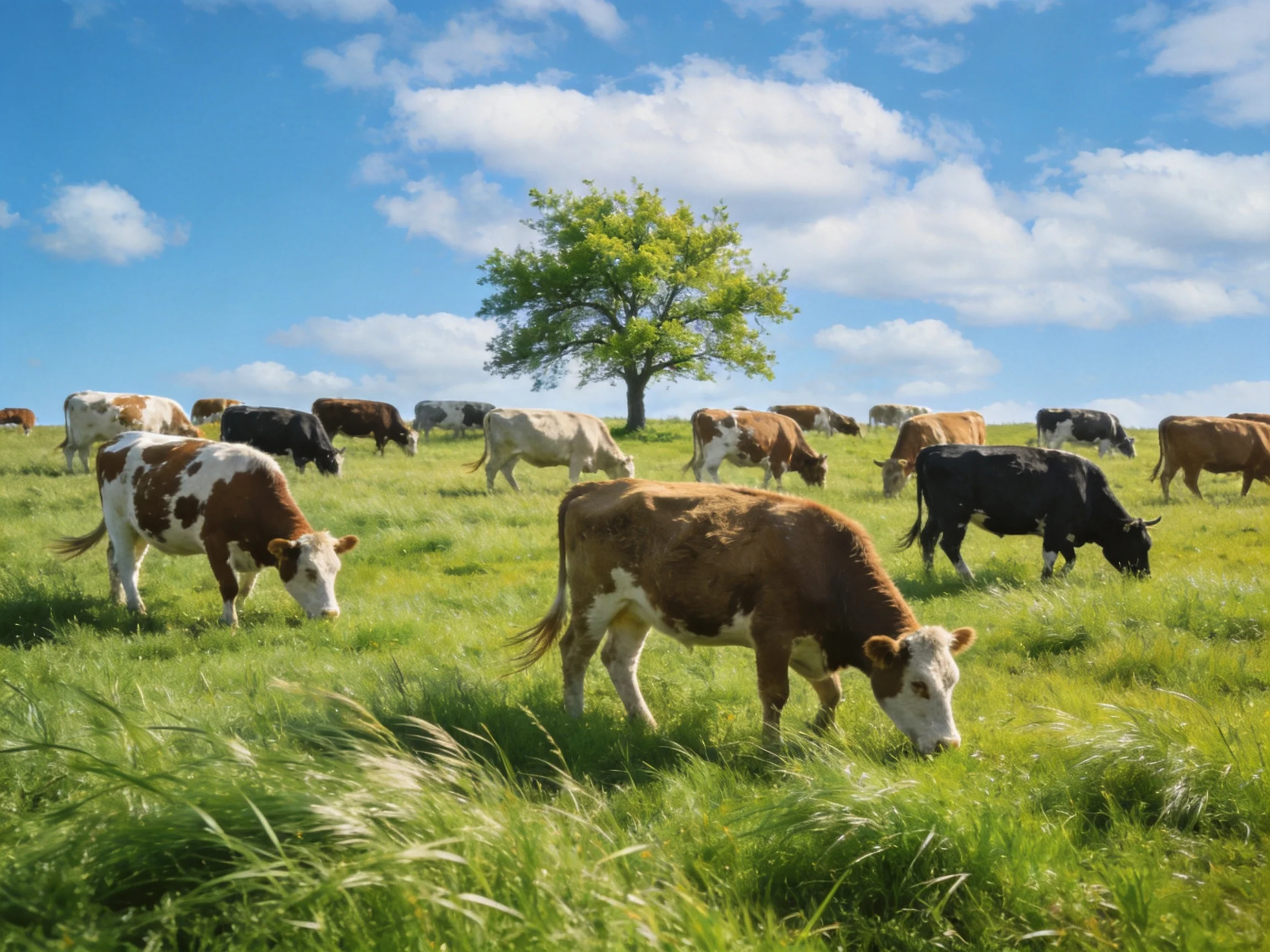 Diverse cows graze in a lush green pasture with a central tree