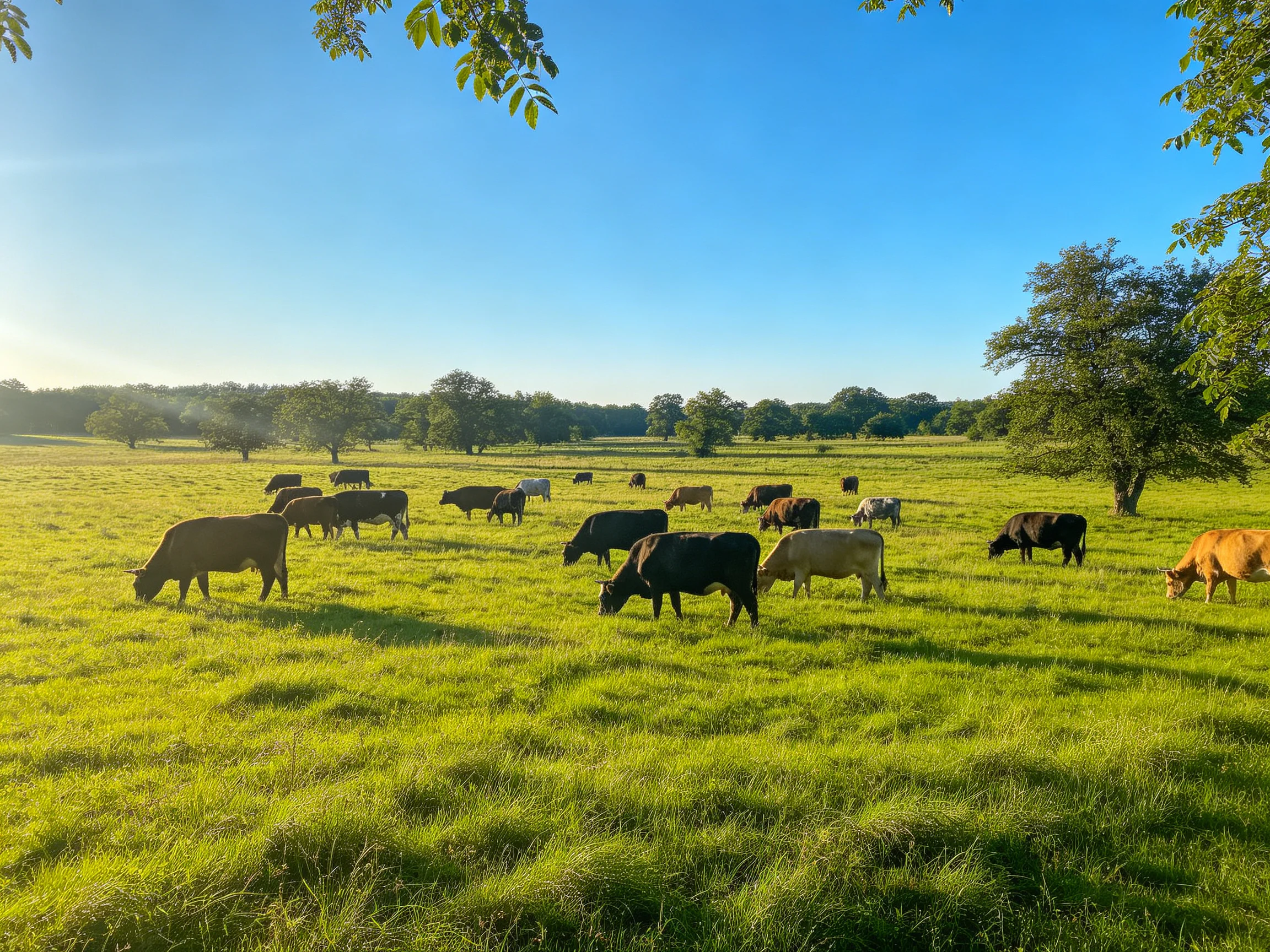 Diverse cows graze in a vibrant green pasture under clear blue skies