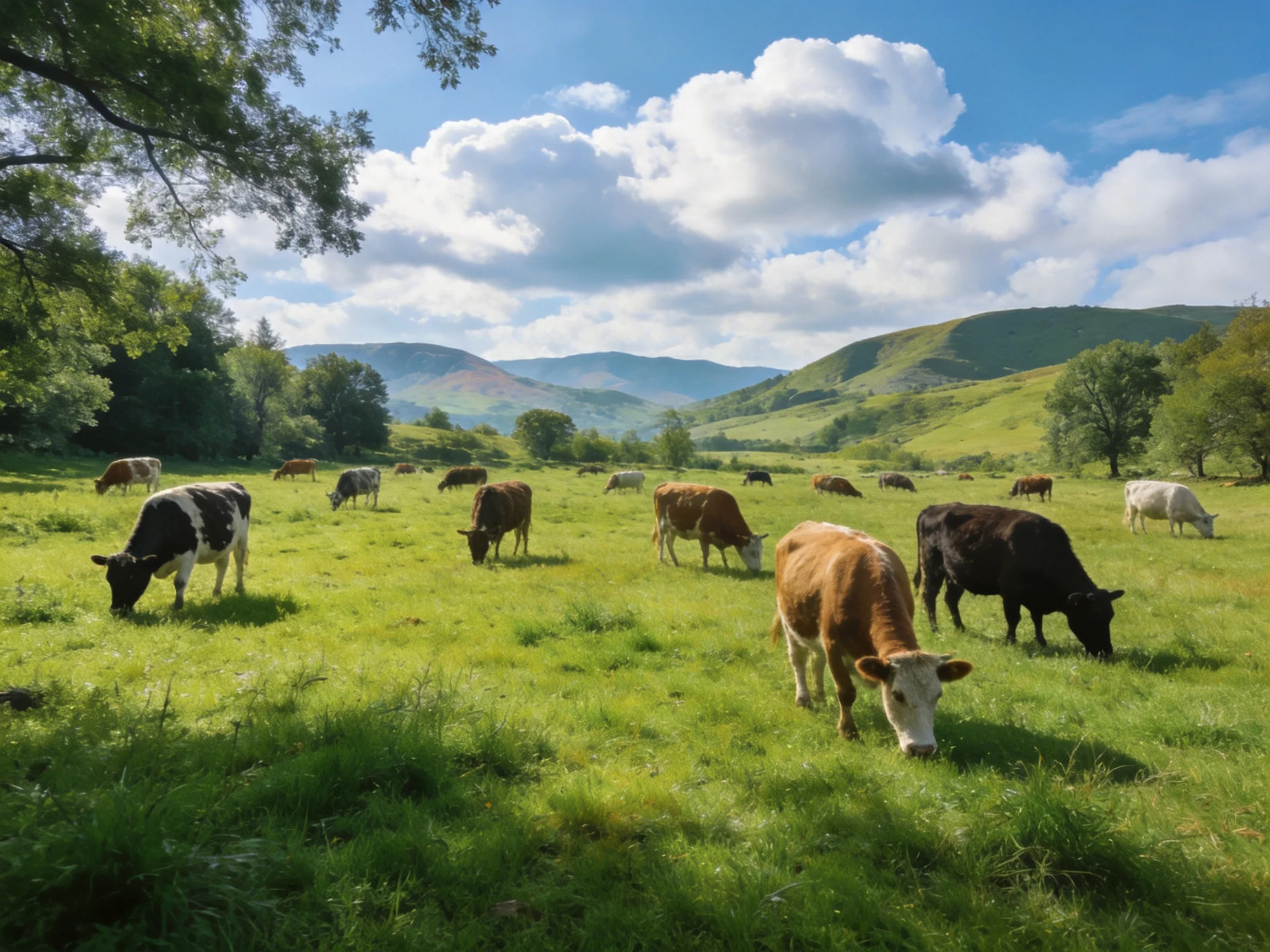 Diverse cowsgraze in a sunlit green meadow near rolling hills
