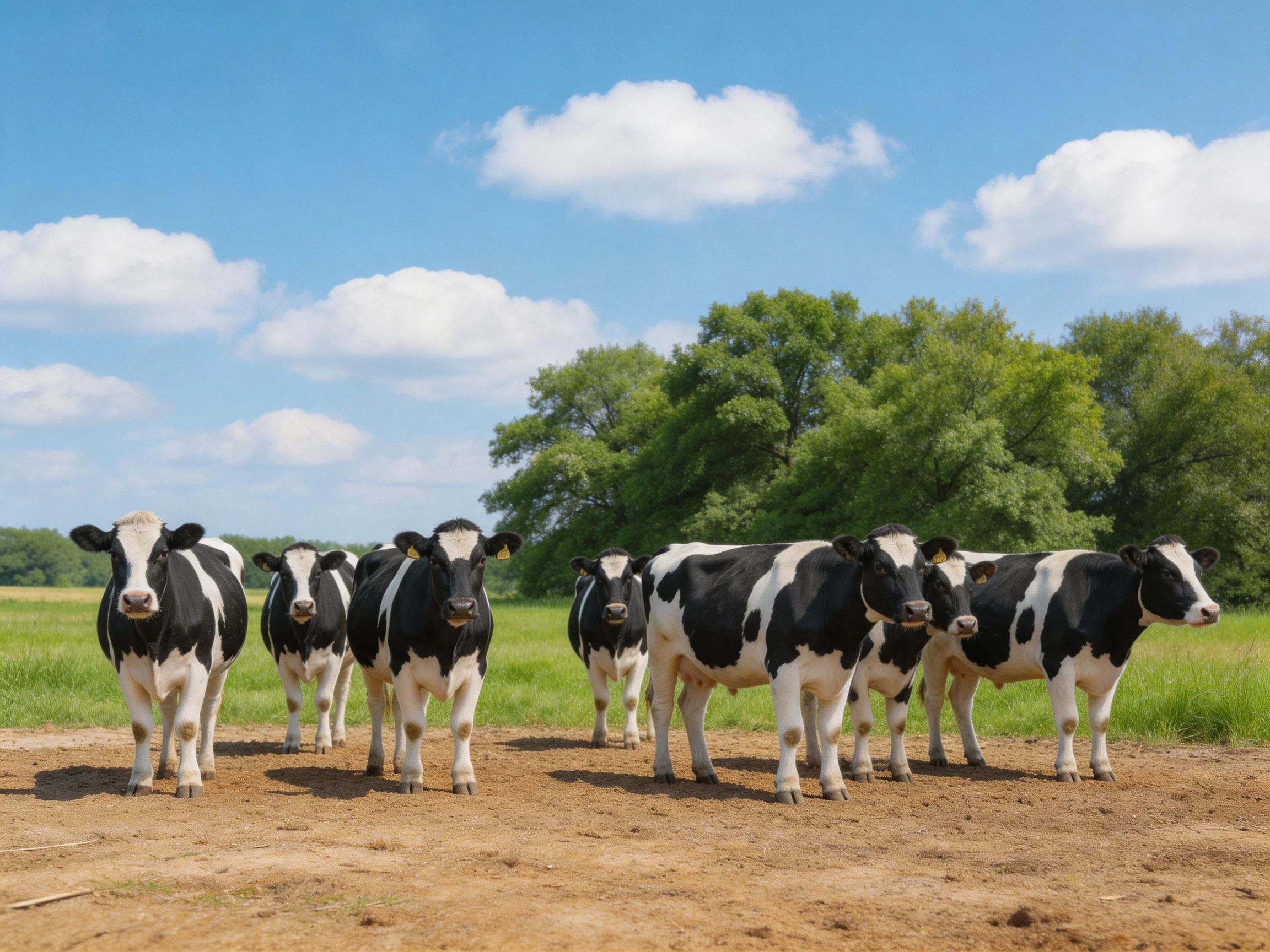 Eight black - and - white cows gather on a sunny farm path