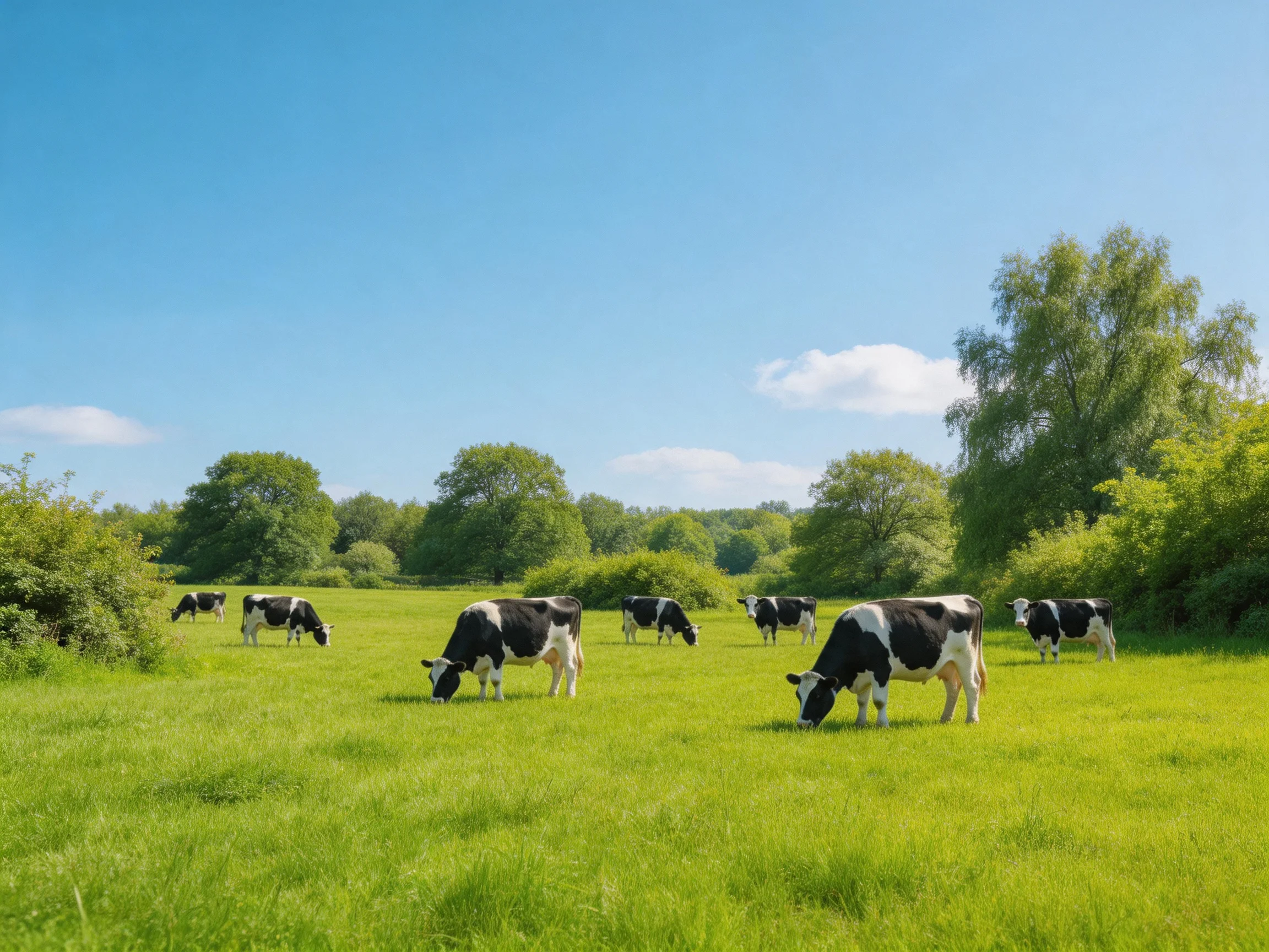 Eight black-and-white cows graze in a lush green meadow under bright blue skies