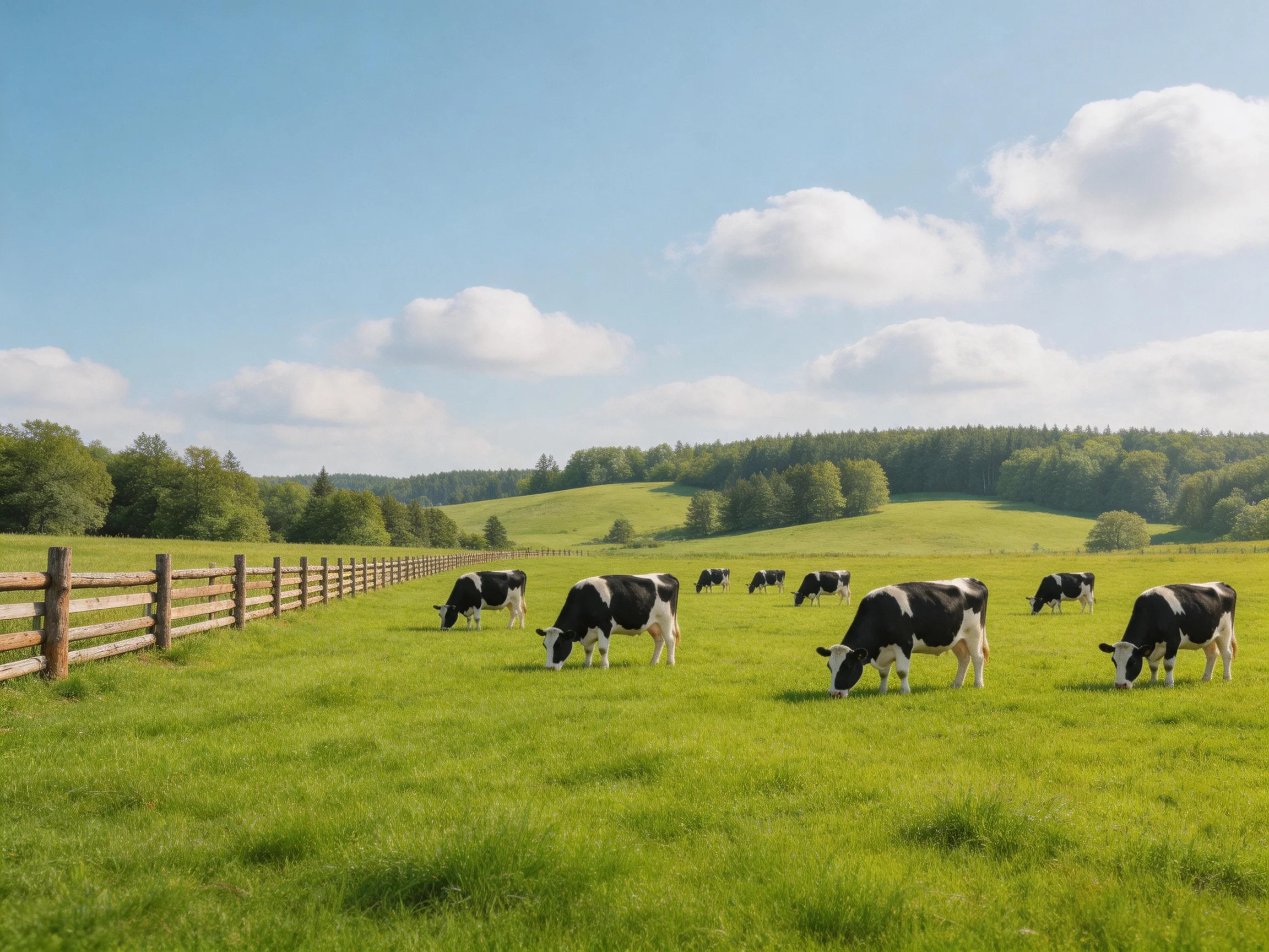 Eight black-and-white cows graze in a lush green pasture beside a wooden fence