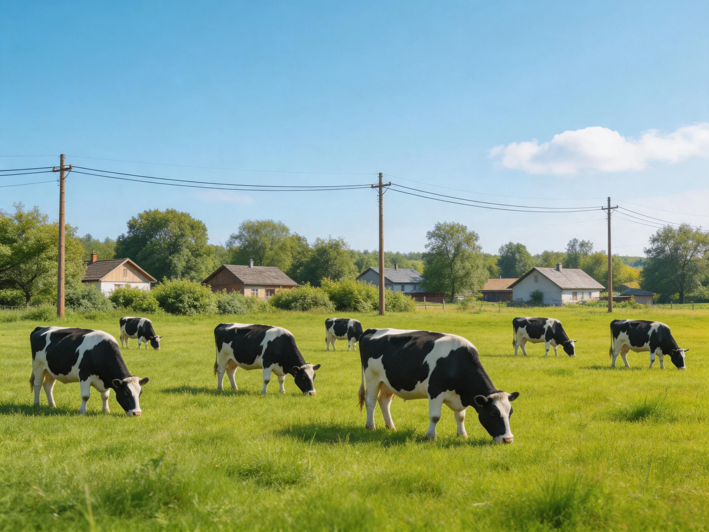 Eight black-and-white cows graze in a lush green pasture near rural homes