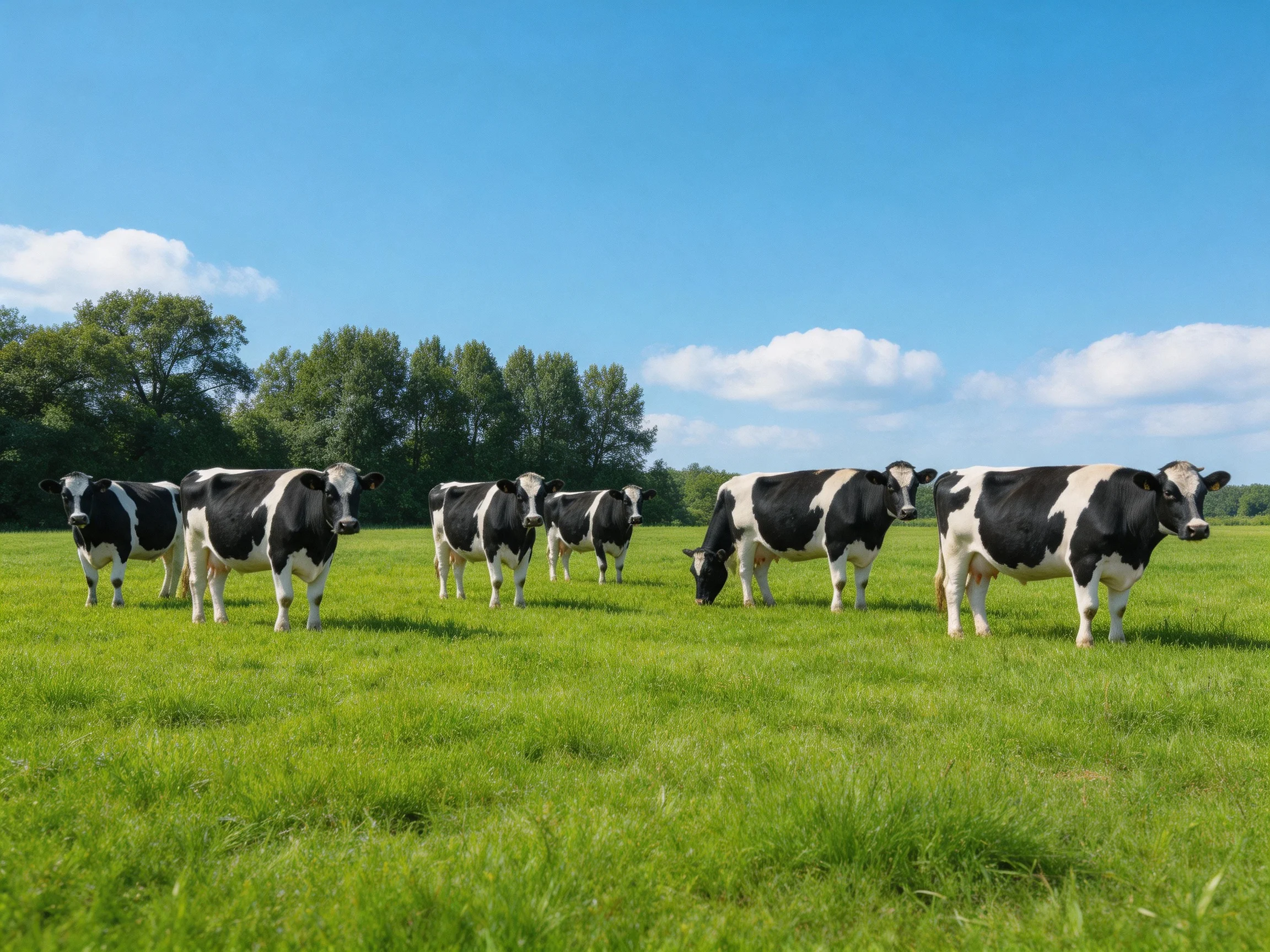 Eight black-and-white cows graze in a lush green pasture under a clear blue sky
