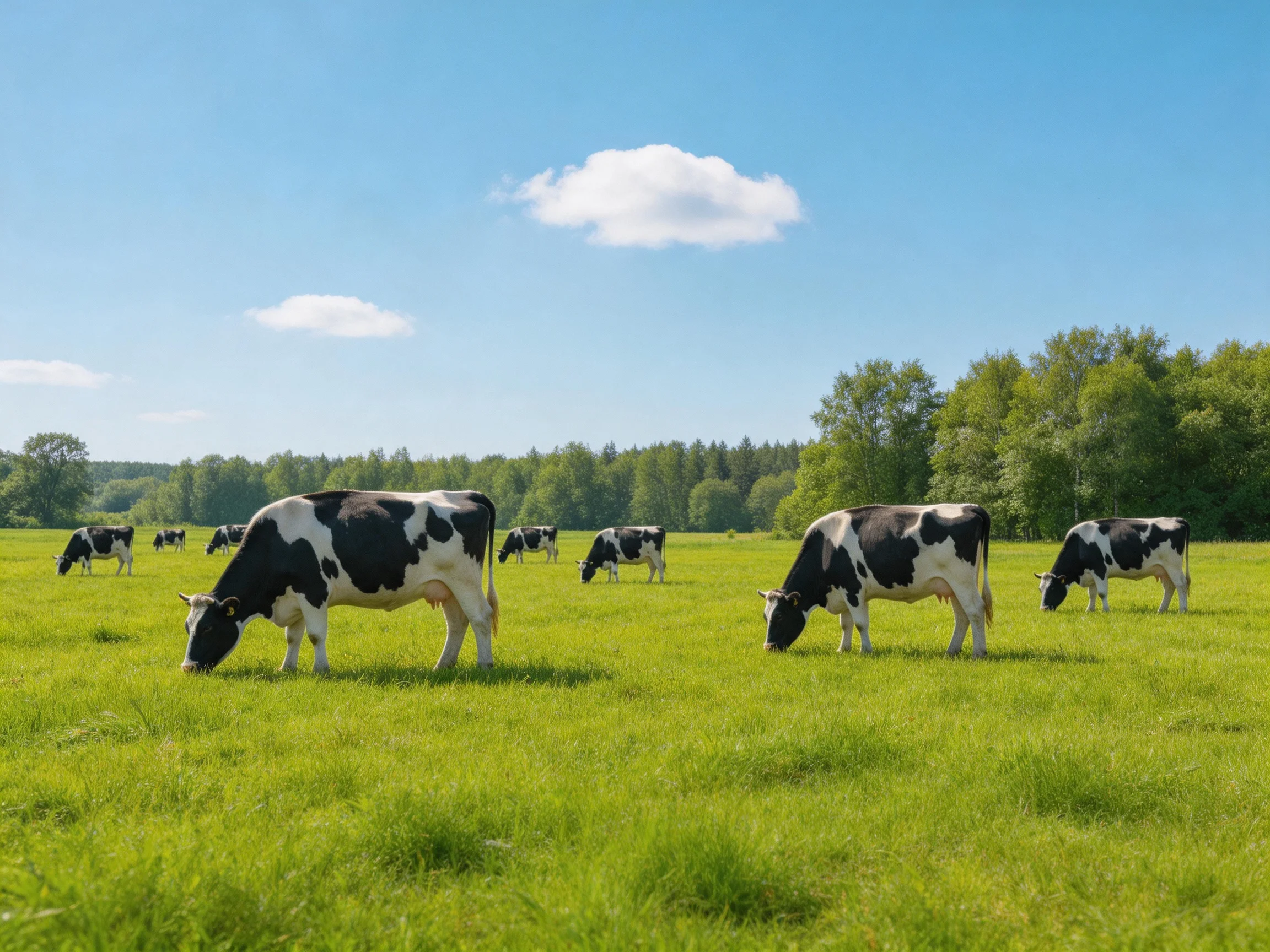 Eight black-and-white cows graze in a lush green pasture under bright blue skies