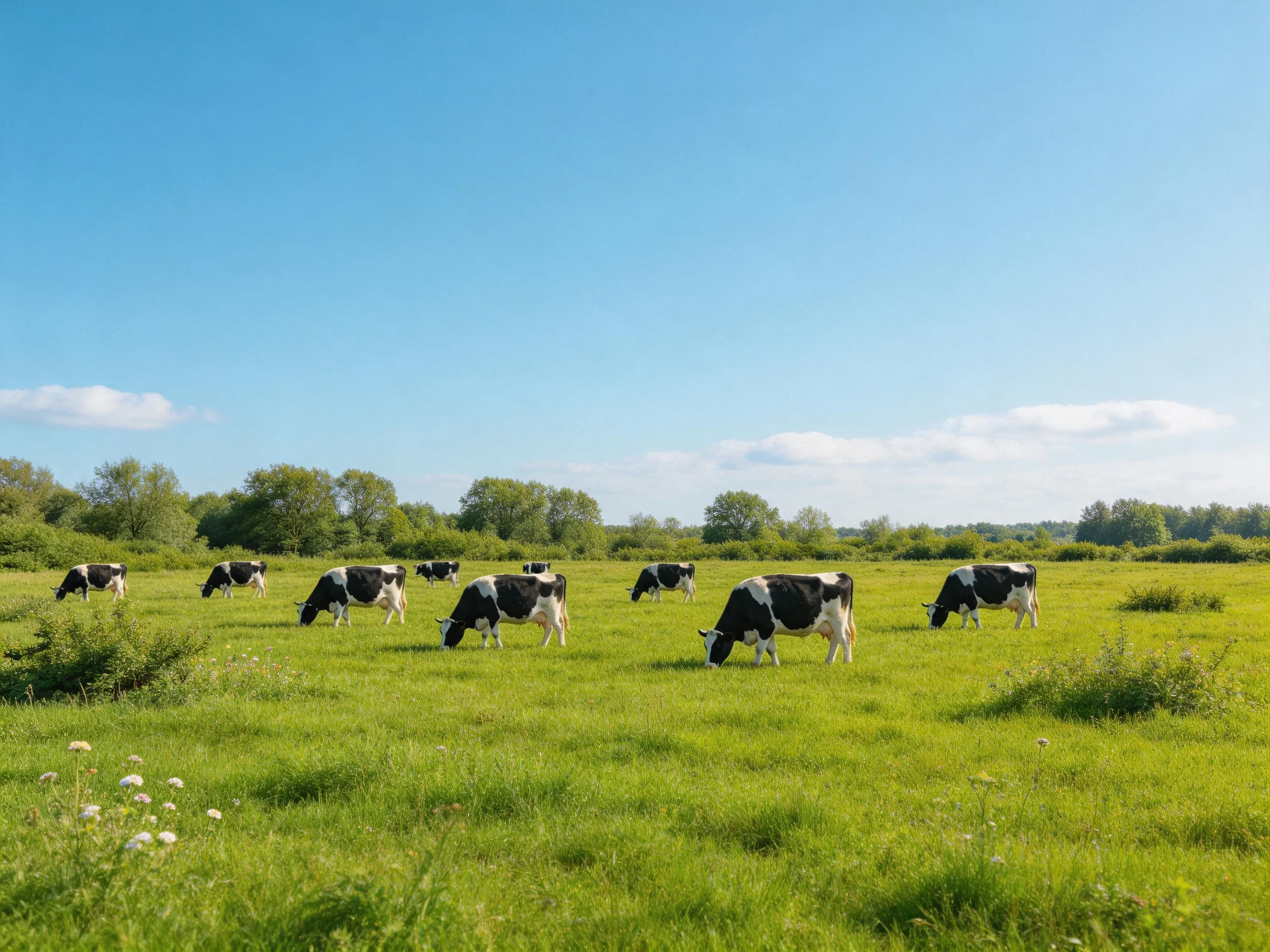 Eight black-and-white cows graze in a lush green pasture under bright blue skies