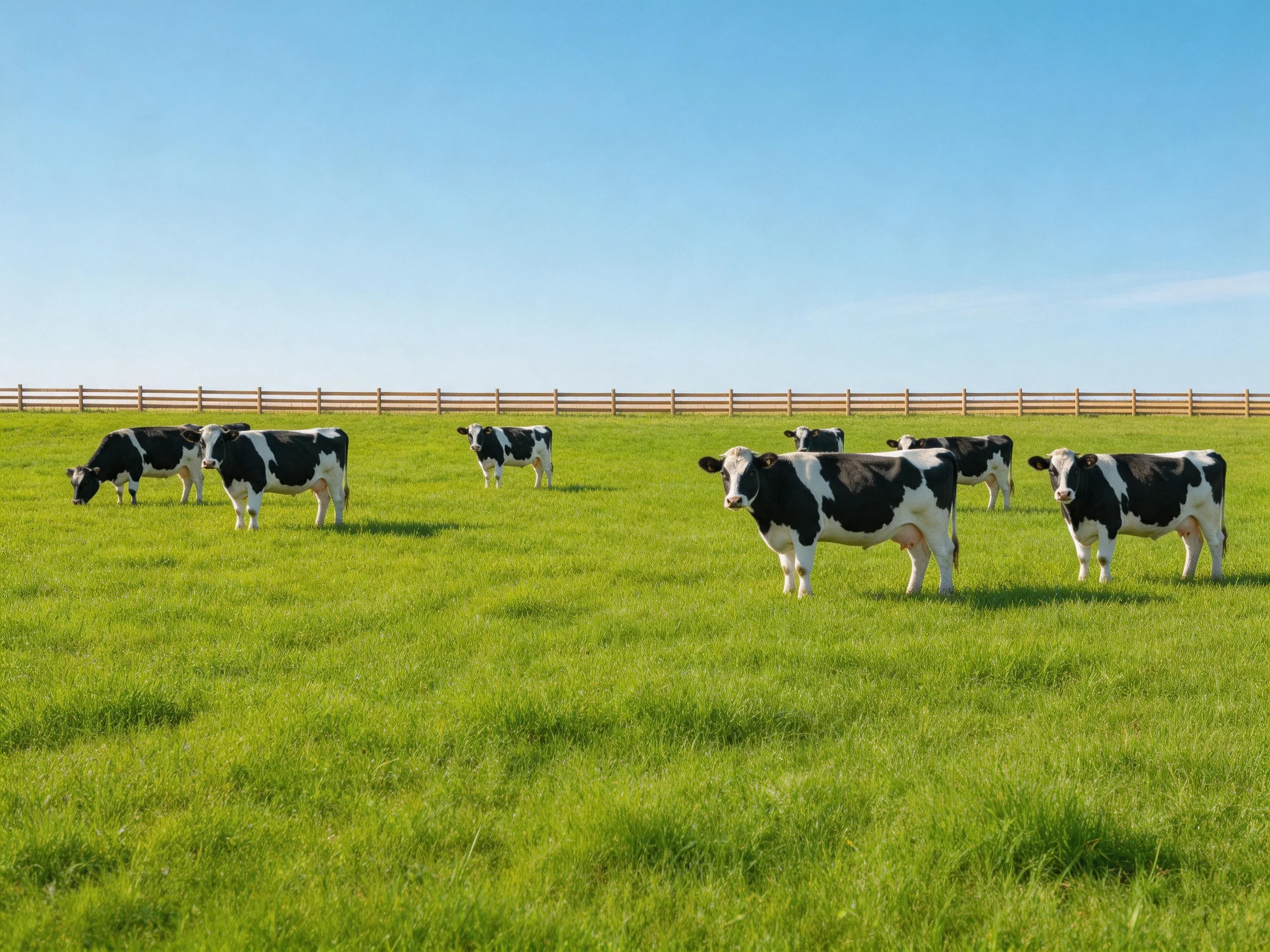 Eight black-and-white cows graze in a lush green pasture with a wooden fence