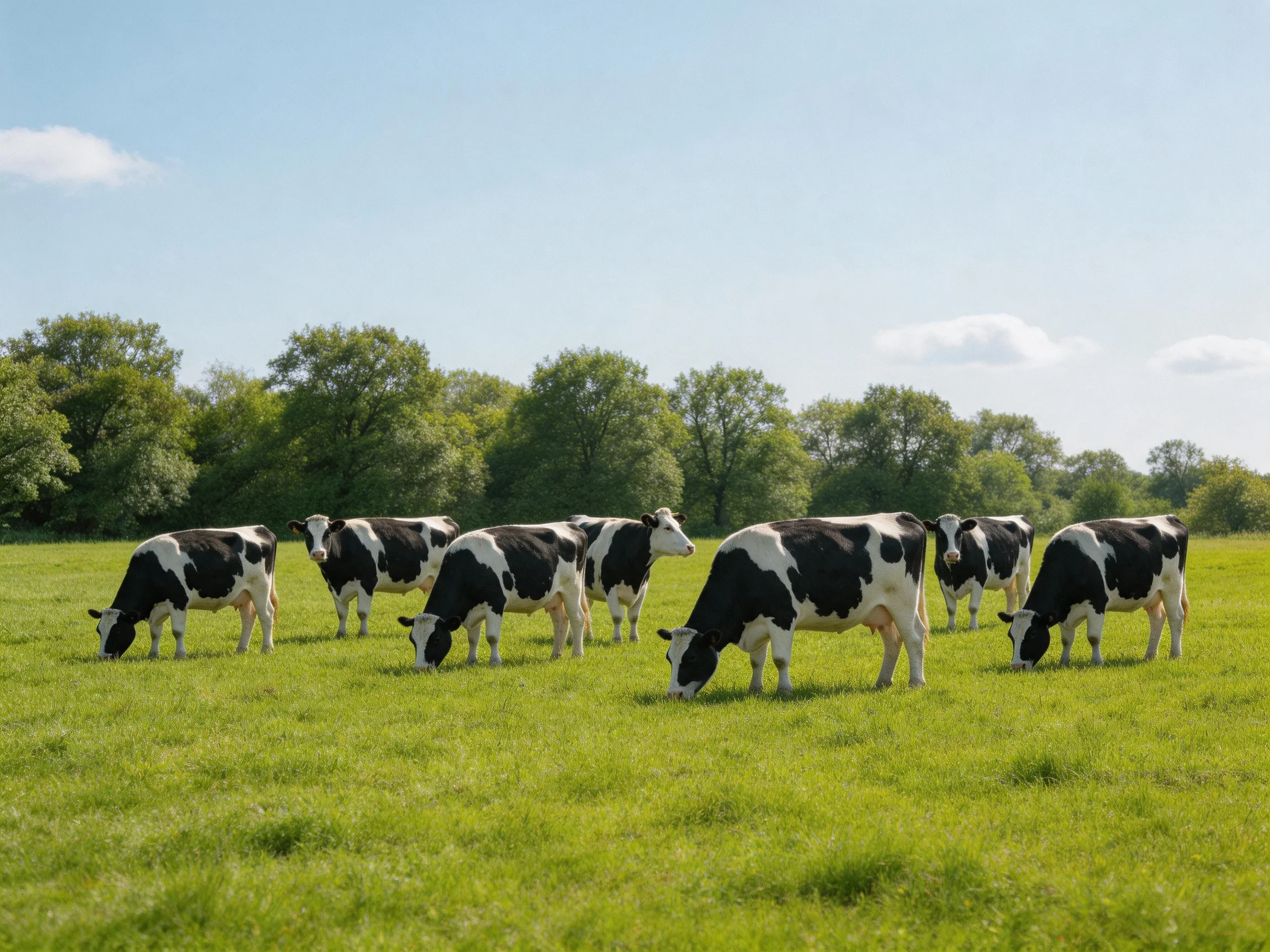 Eight black-and-white cows graze in a lush green pasture with distant trees
