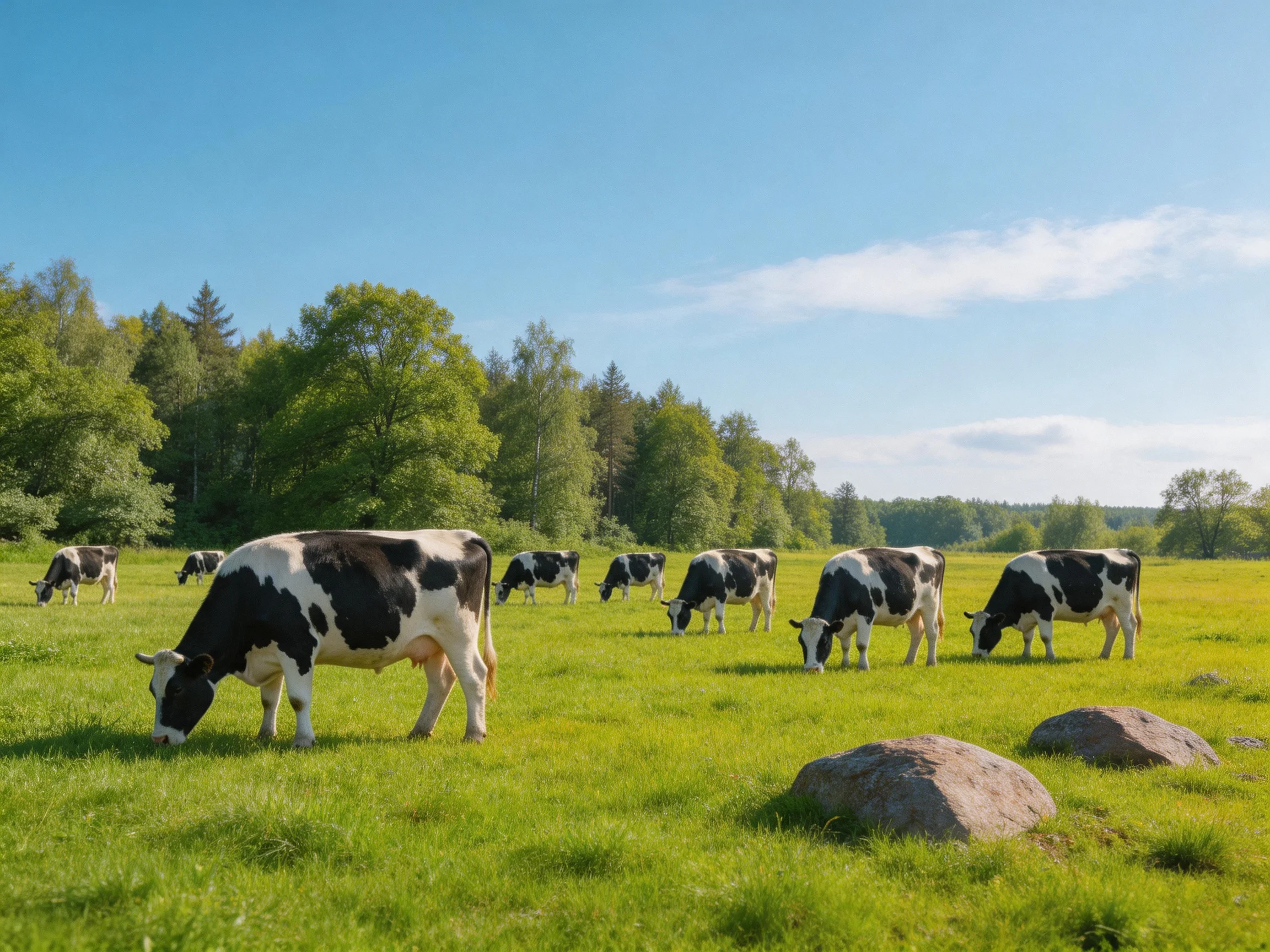 Eight black-and-white cows graze in a sunlit green pasture with rocky terrain