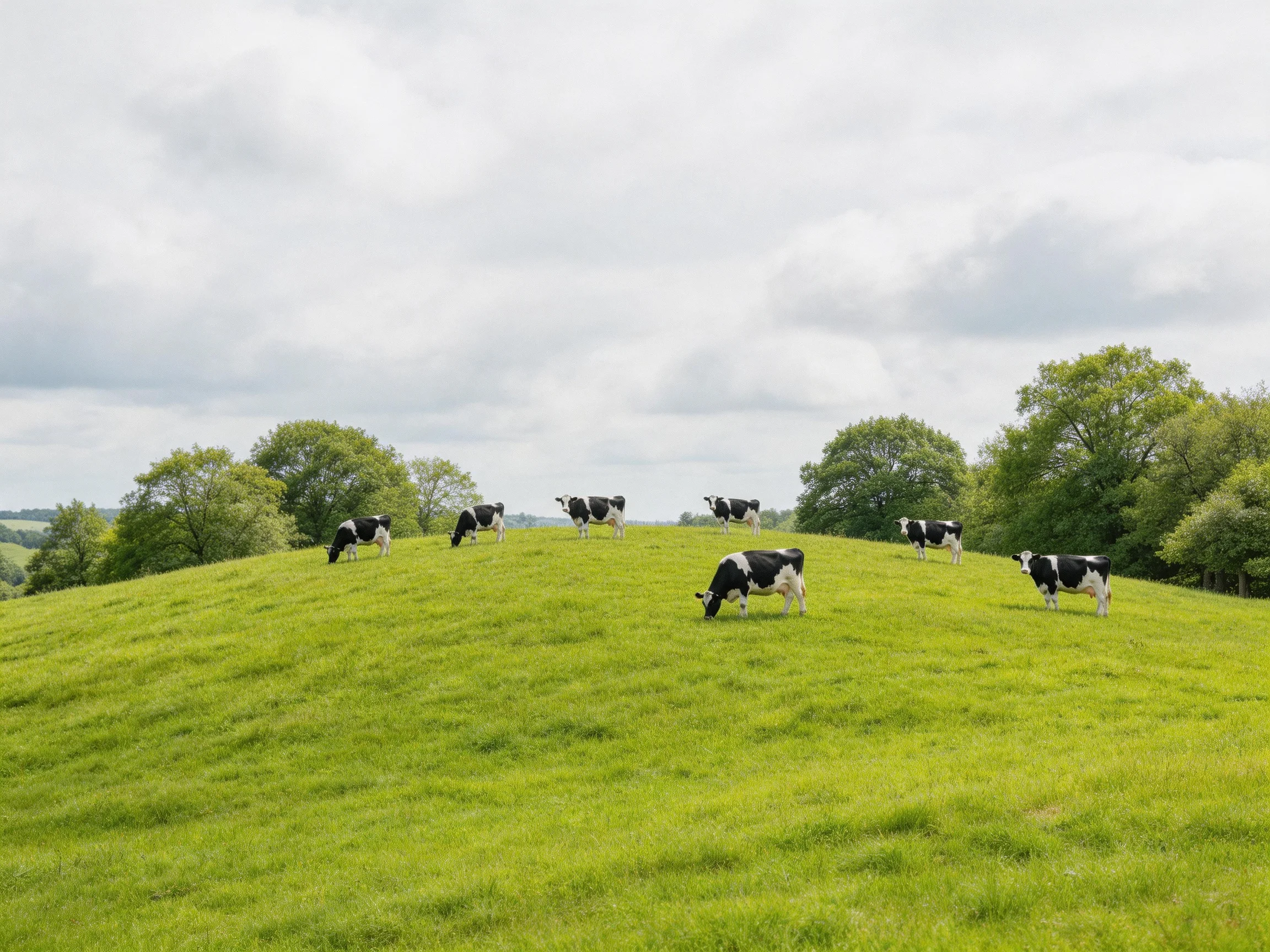 Eight black-and-white cows graze on a lush green hillside