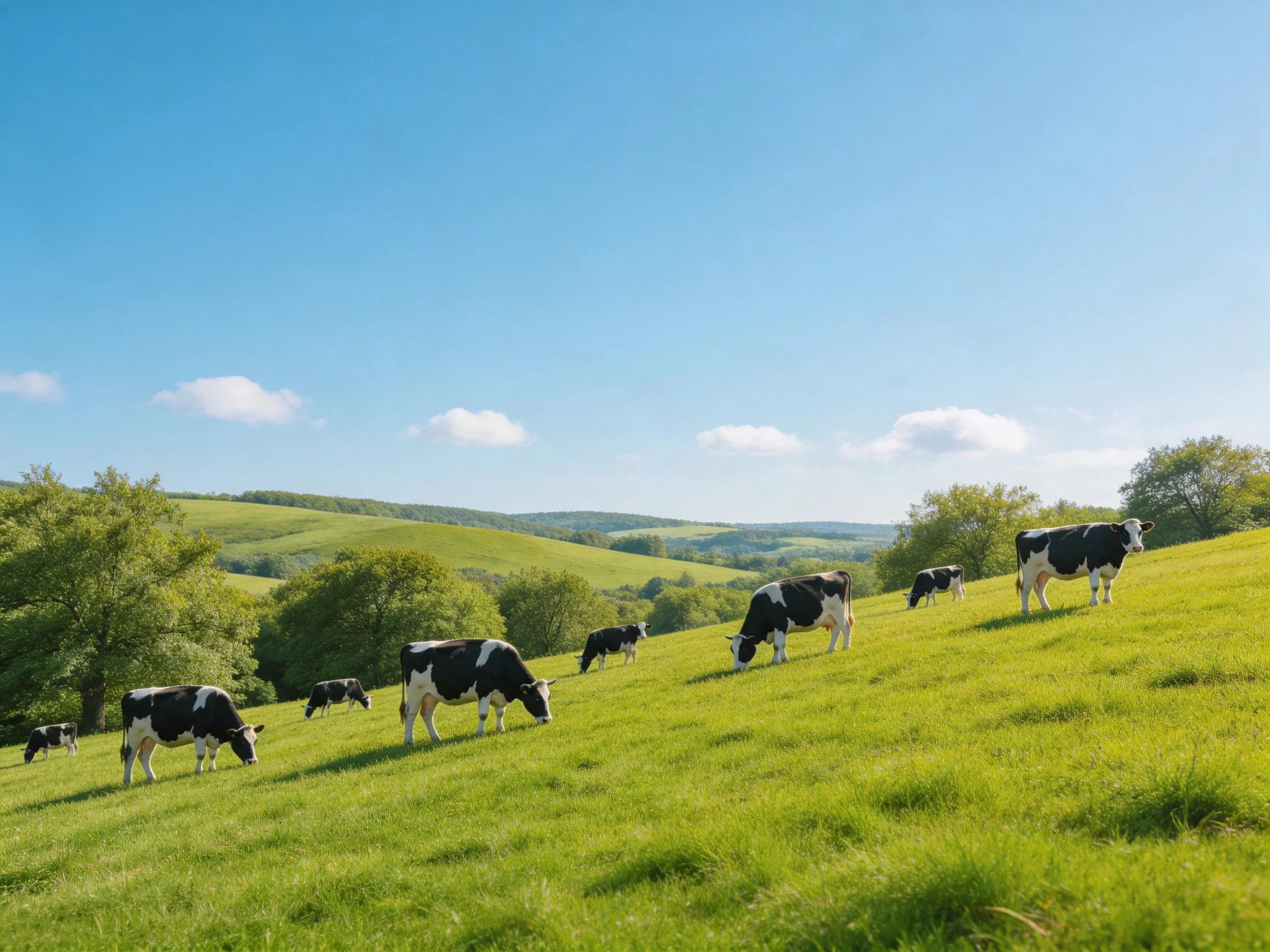 Eight black-and-white cows graze on a lush green hillside