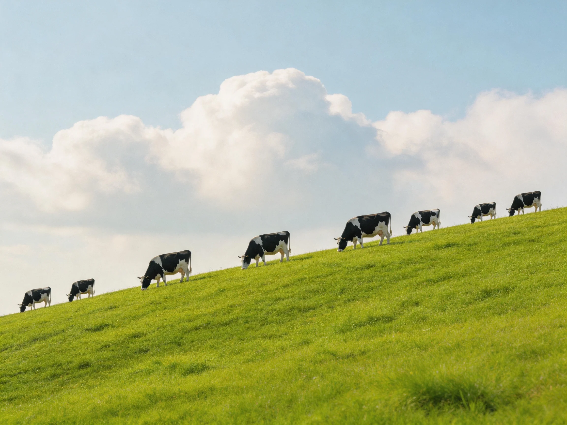 Eight black-and-white cows graze on a lush green hillside under a bright blue sky