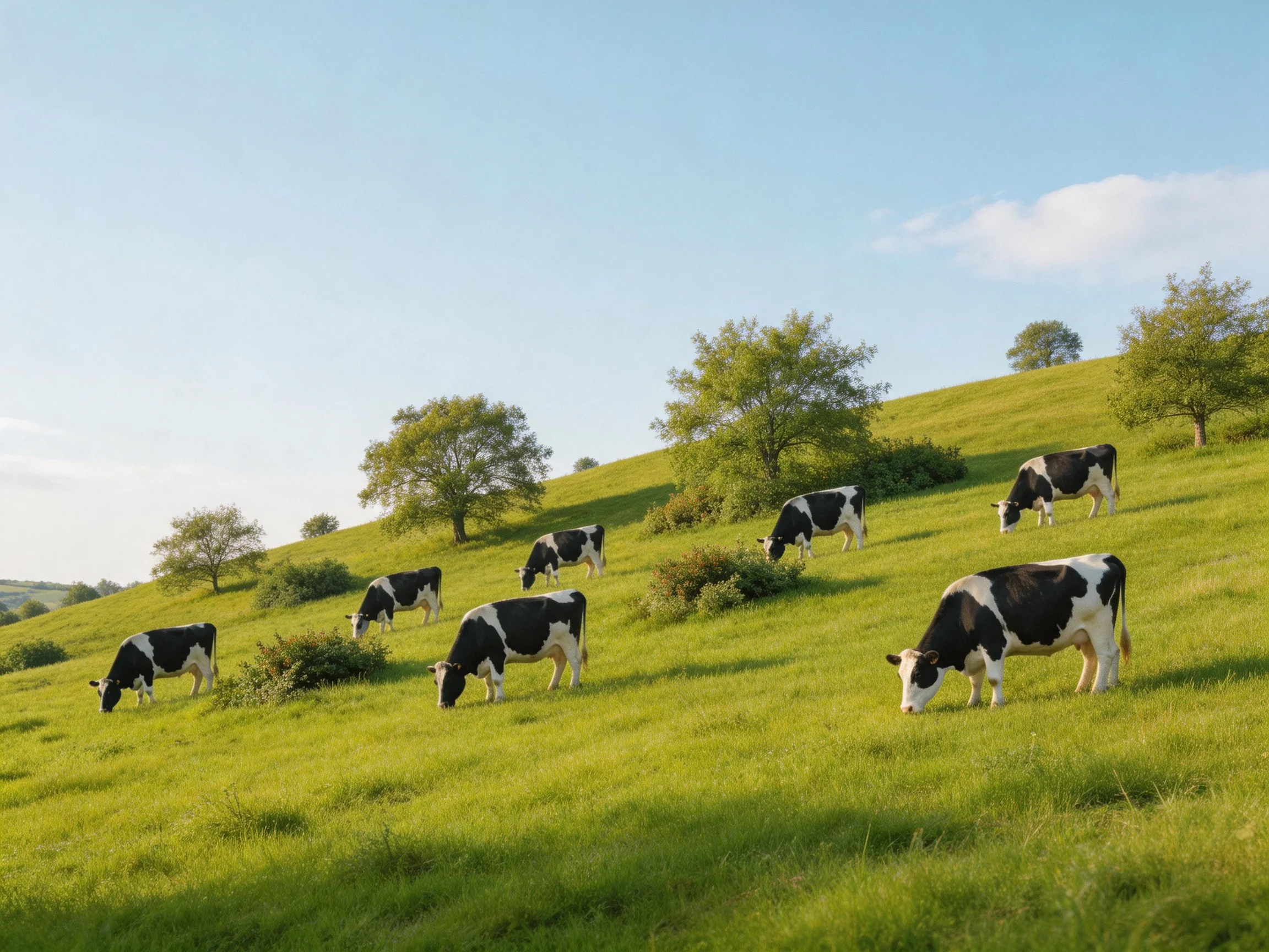 Eight black-and-white cows graze on a lush green hillside