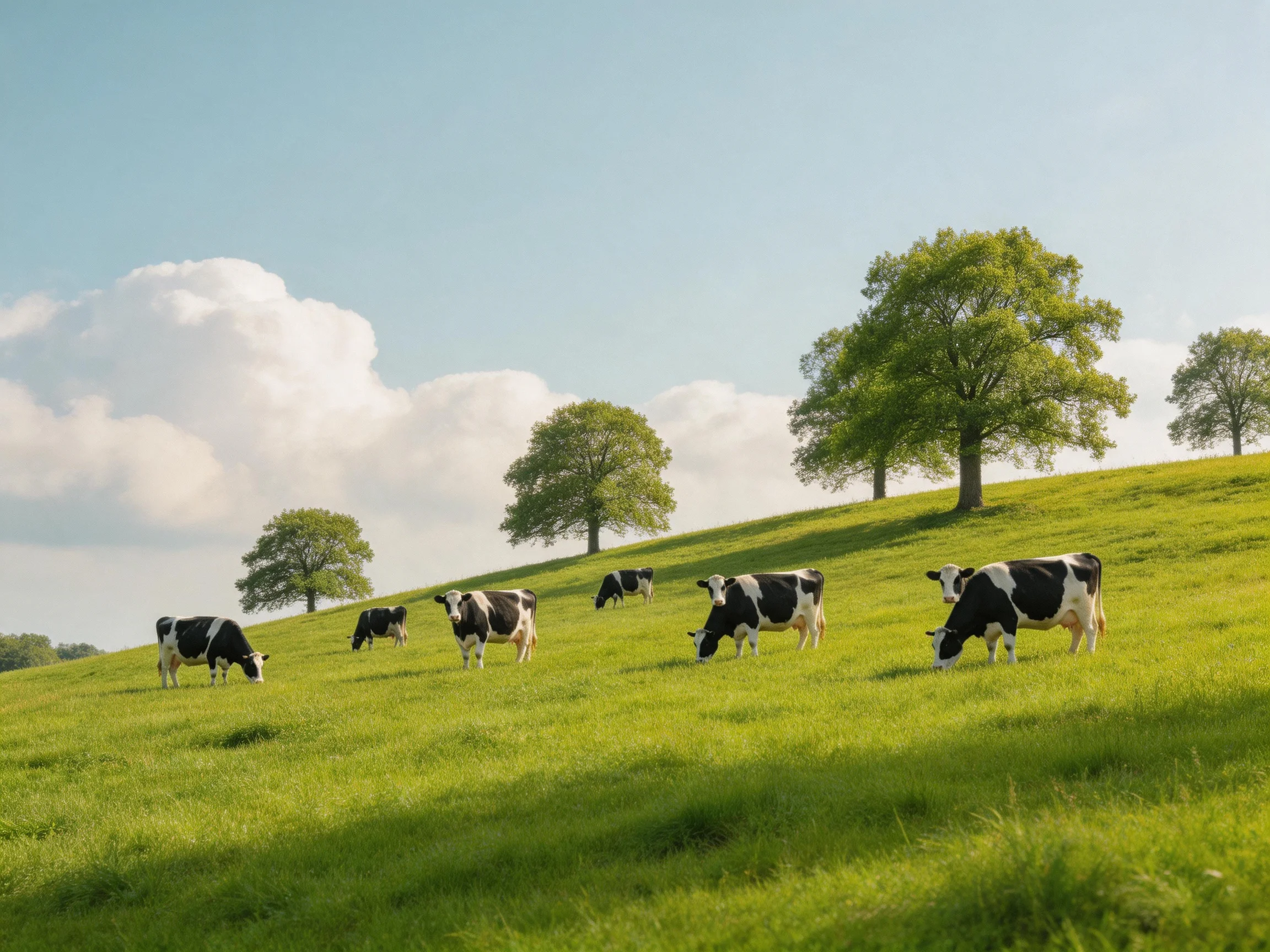Eight black-and-white cows graze on a lush green hillside with tall trees