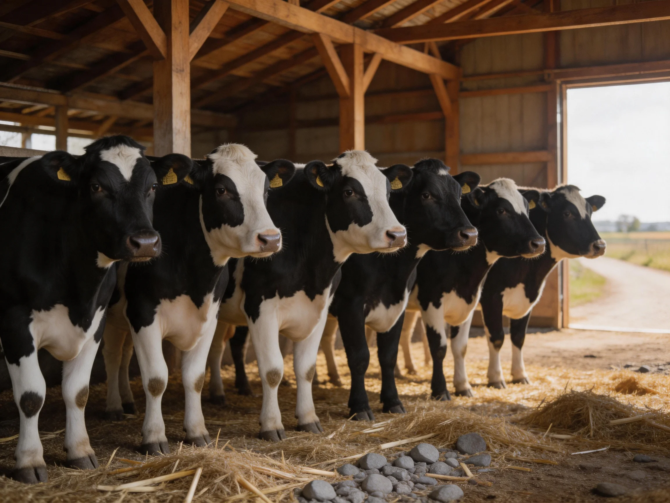 Eight black and white cows stand in a wooden barn with straw