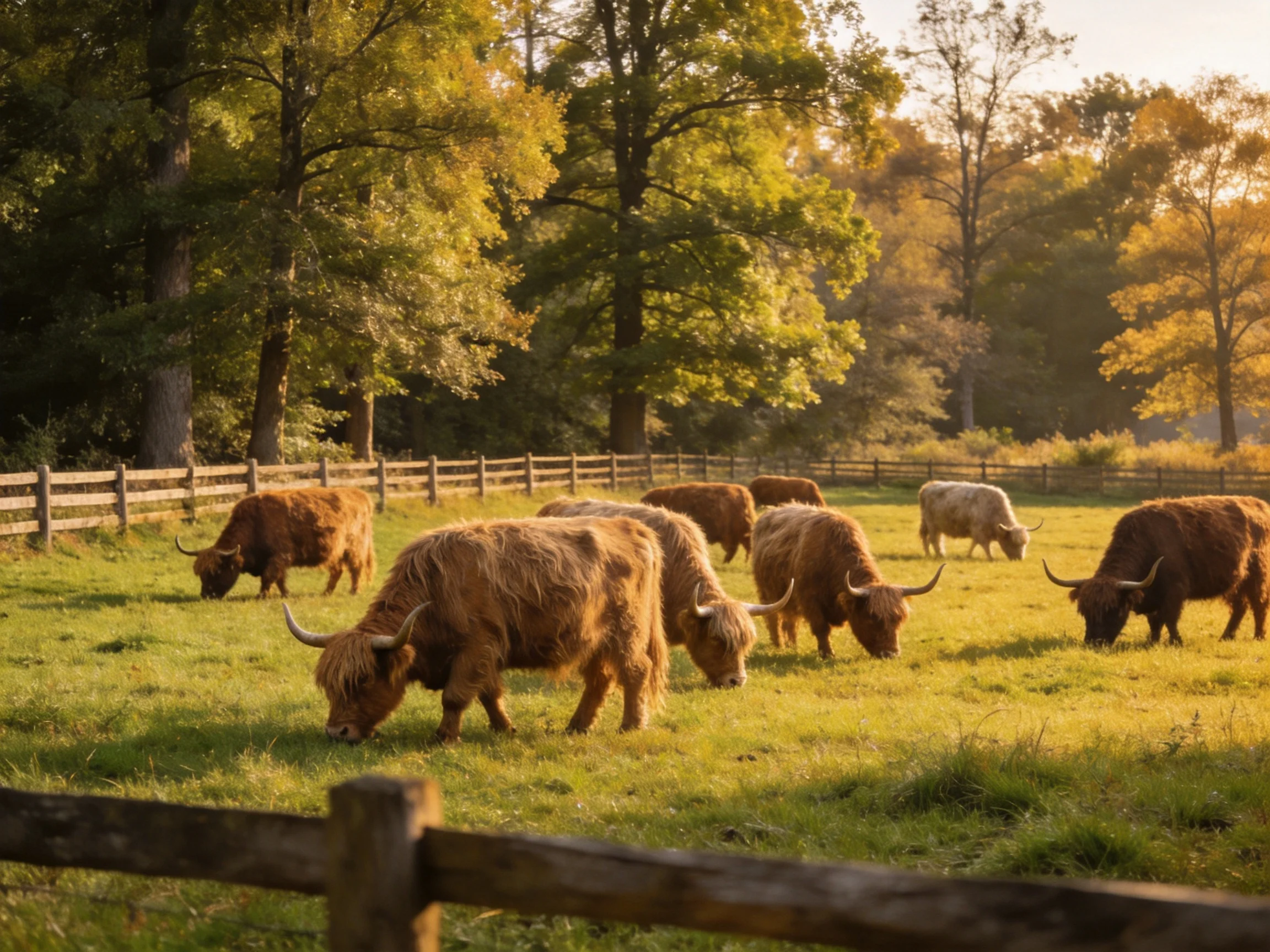 Eight brown Highland cattle graze in a sunlit fenced pasture