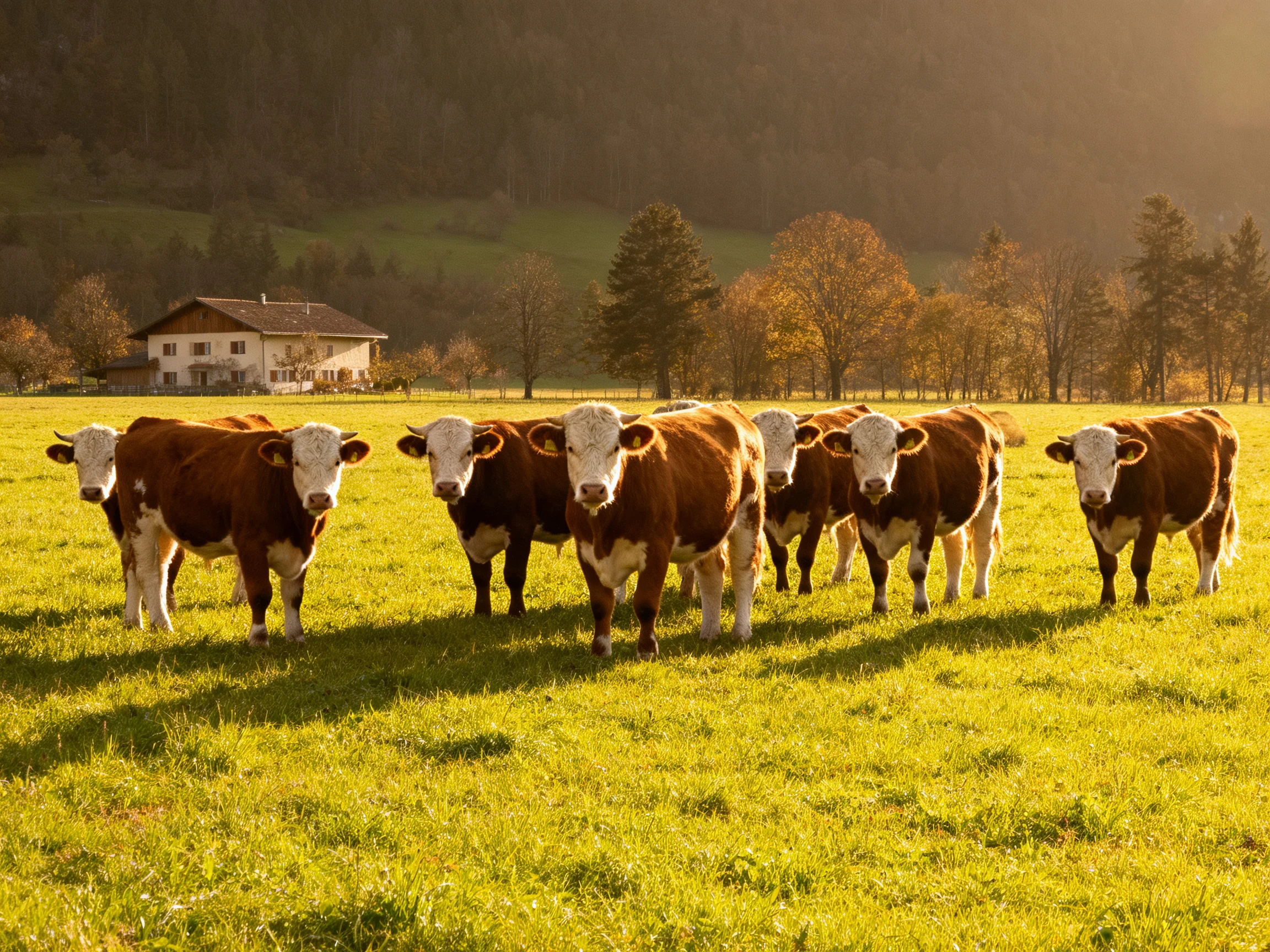 Eight brown-and-white cattle gather in a sunlit pasture near a white farmhouse