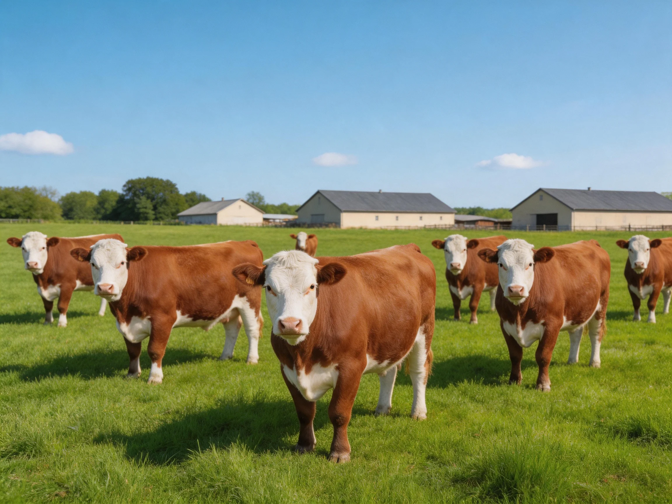 Eight brown-and-white cows graze in a lush green pasture near farm buildings
