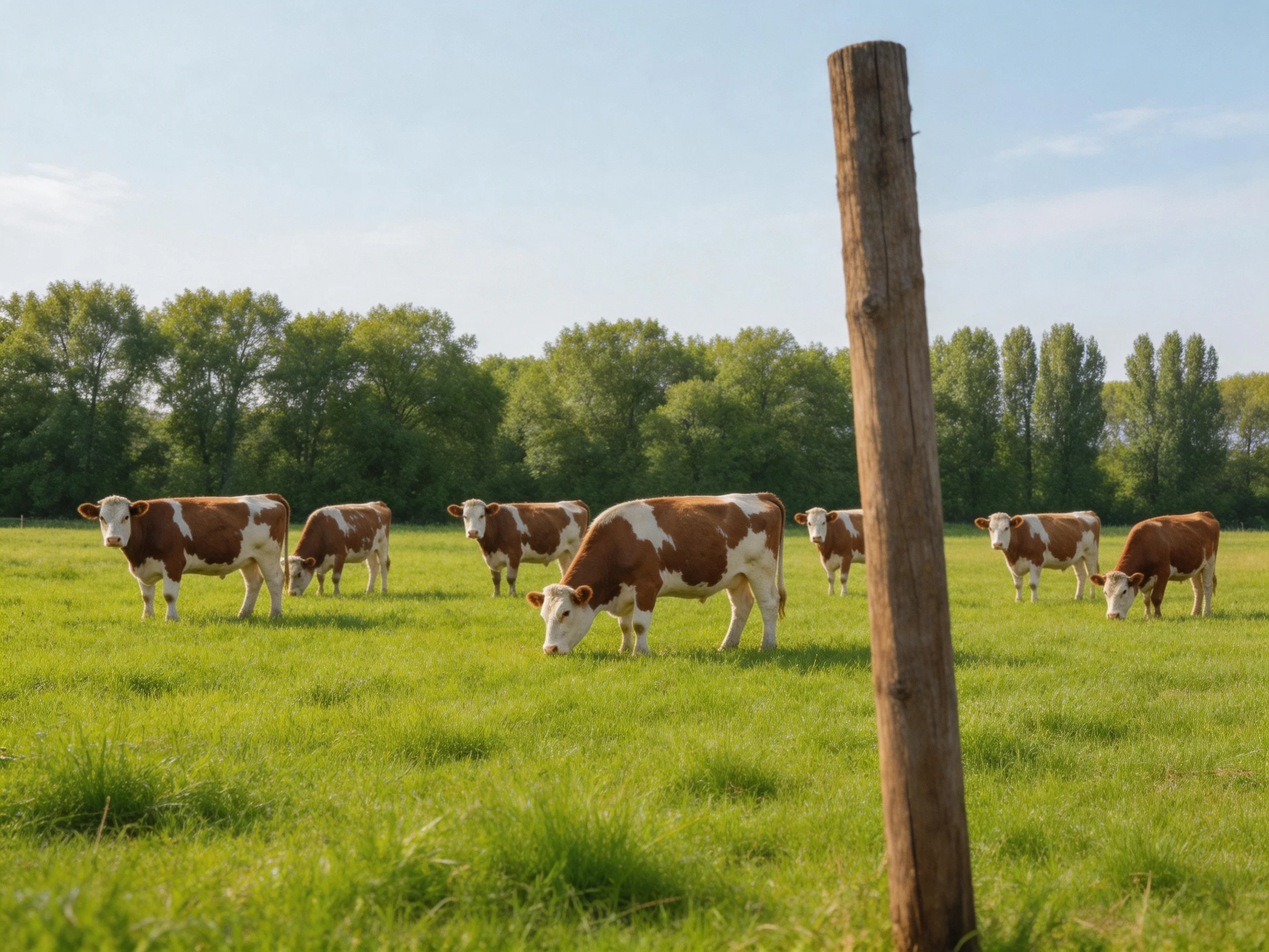 Eight brown-and-white cows graze in a lush green pasture with tall trees