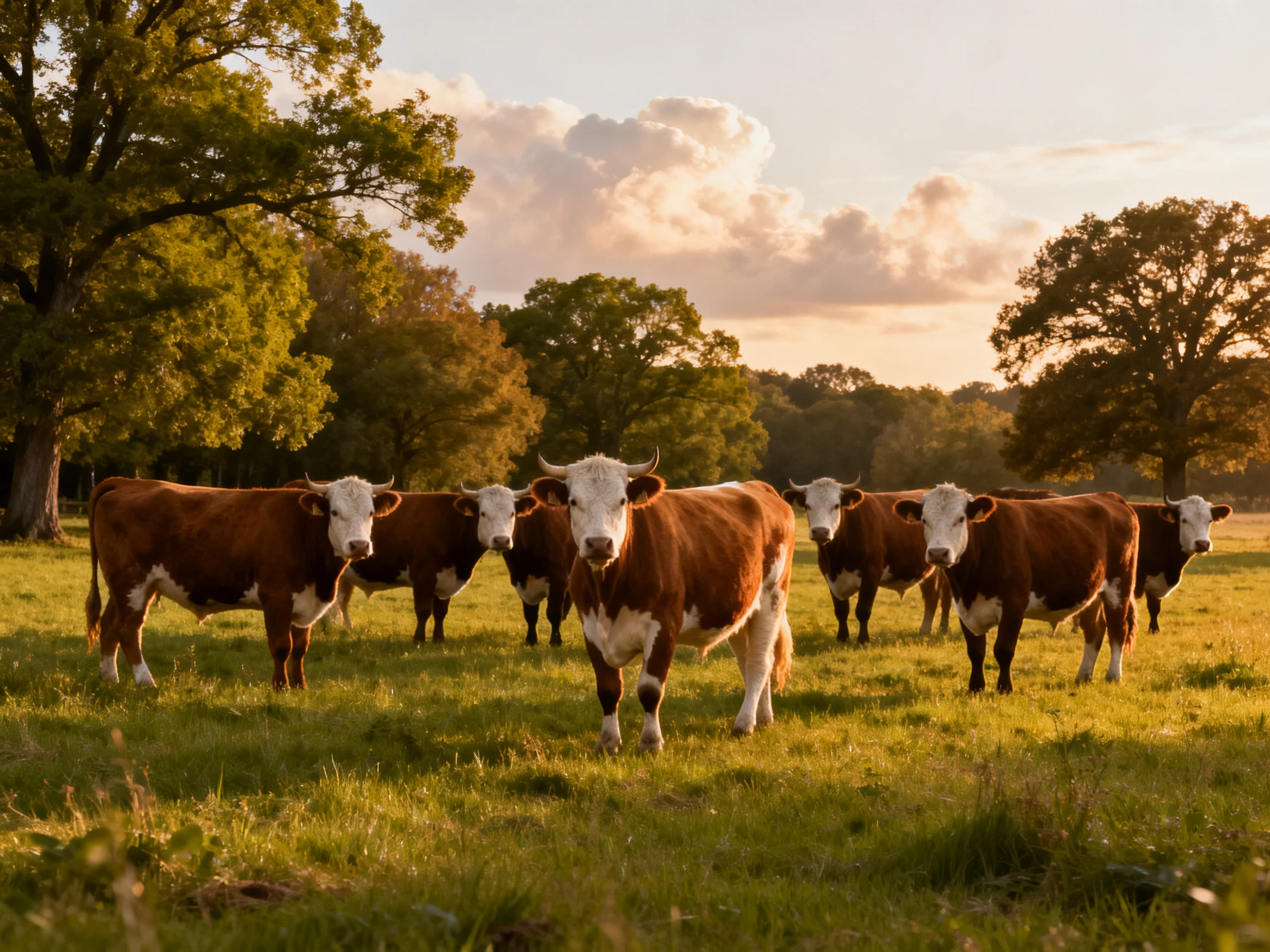 Eight brown-and-white cows graze in a sunlit green pasture near tall trees