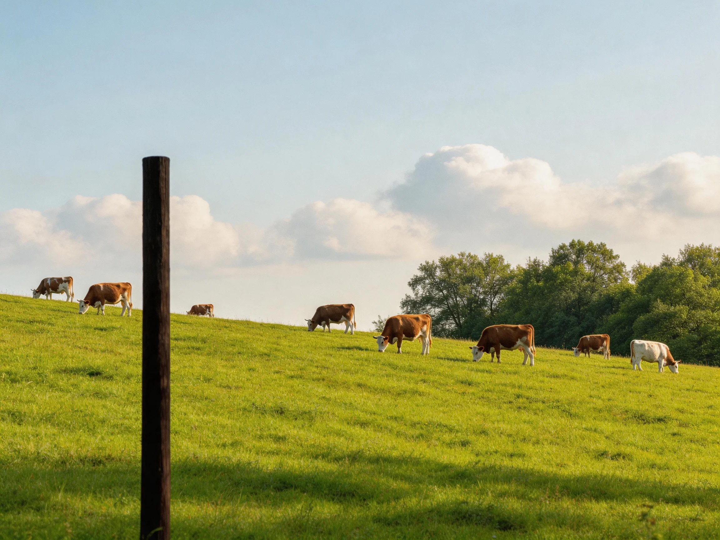 Eight brown and white cows graze on a vibrant green hillside with trees.