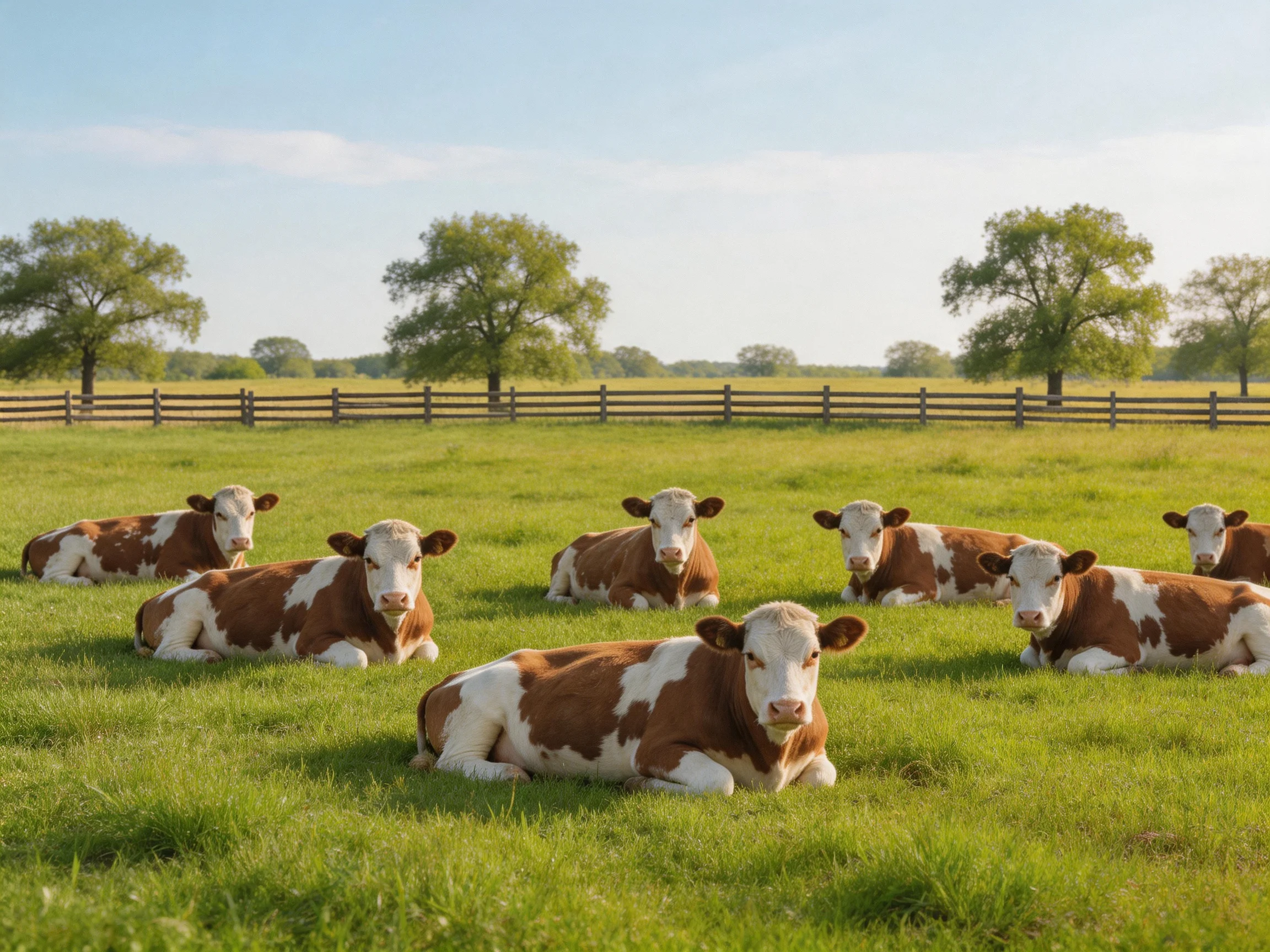 Eight brown-and-white cows rest in a lush green pasture near wooden fences