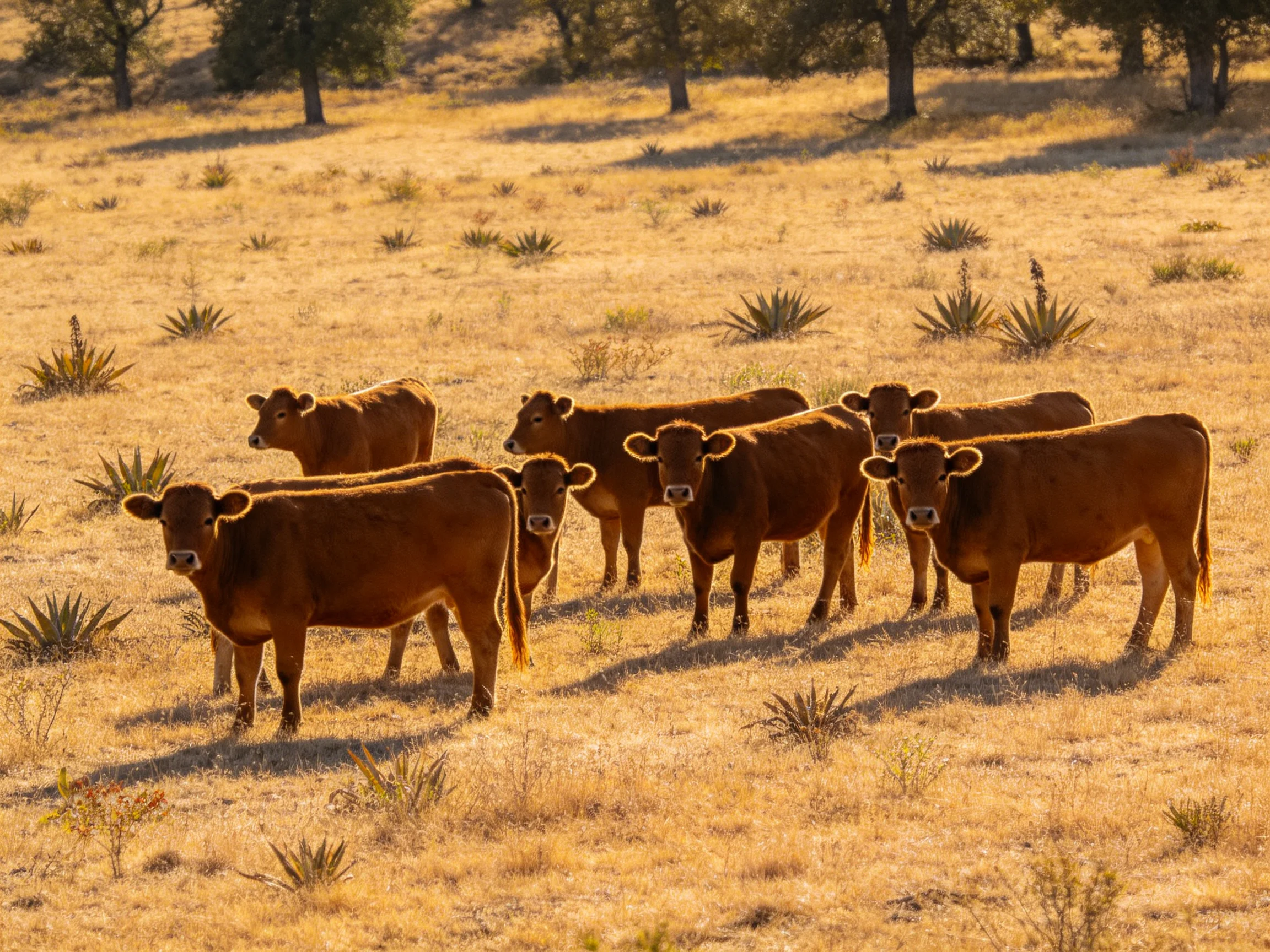 Eight brown cattle gather in a sunlit golden pasture
