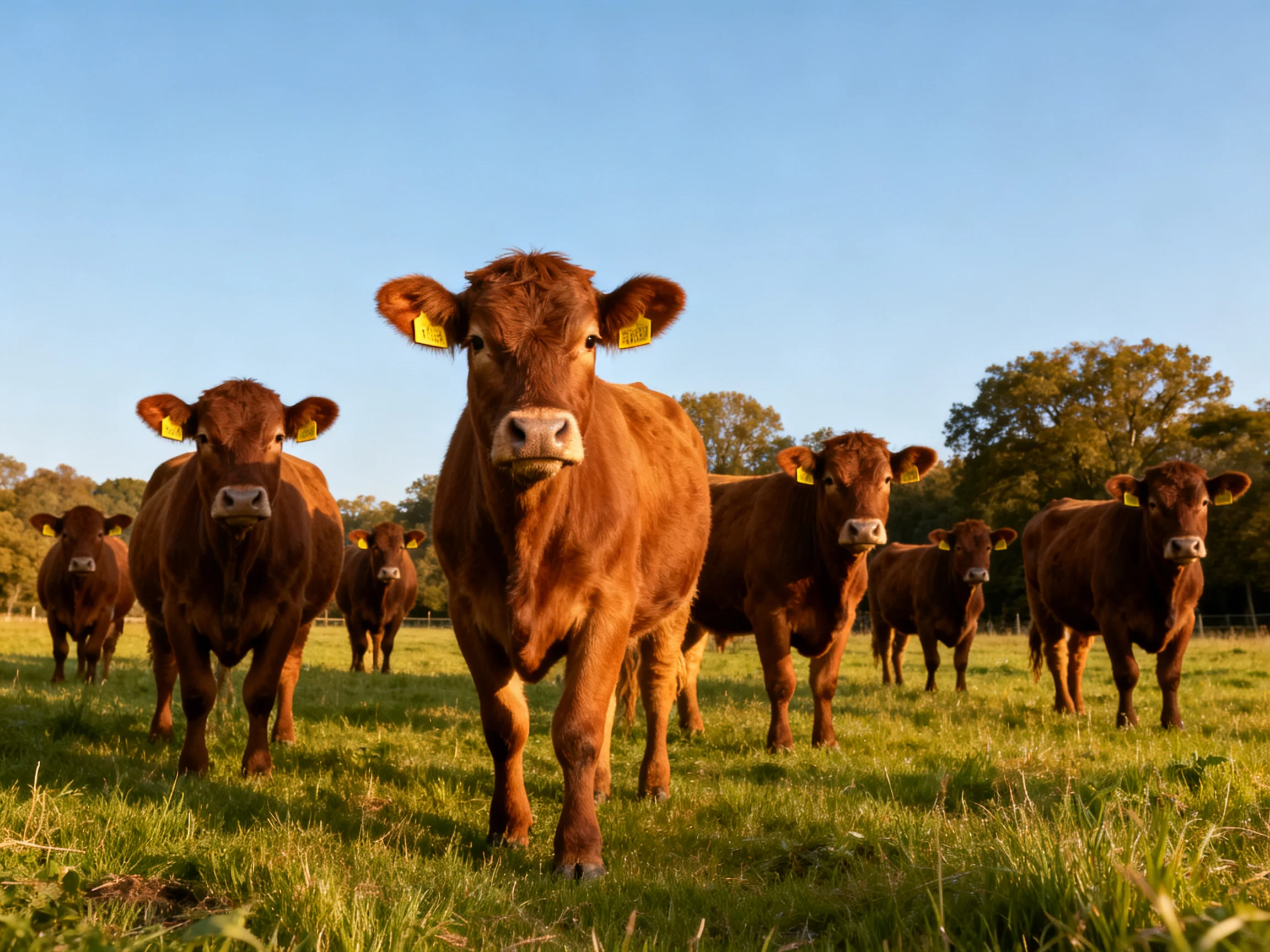Eight brown cattle gather in a sunlit green pasture