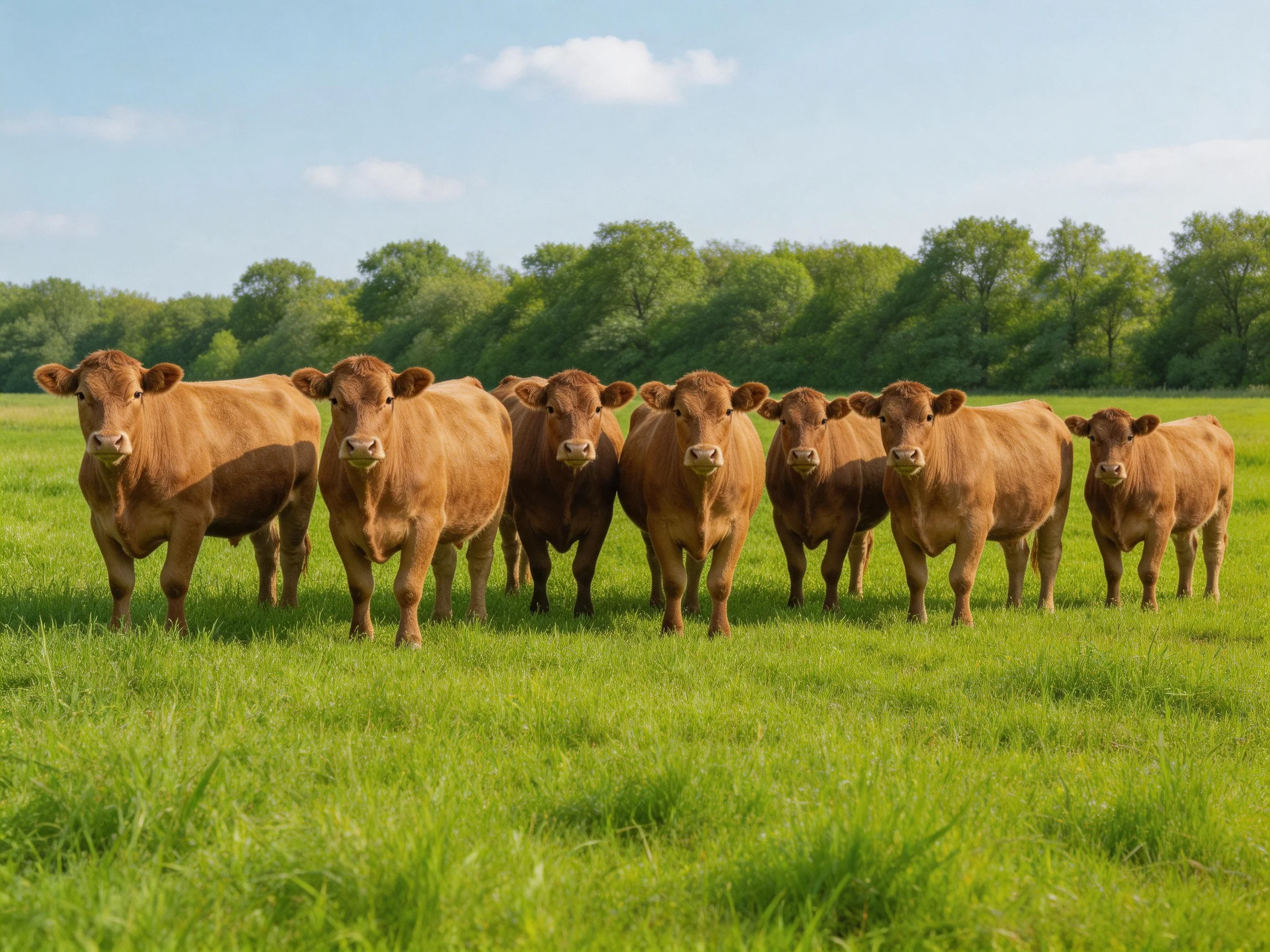 Eight brown cows gathered in a lush green pasture