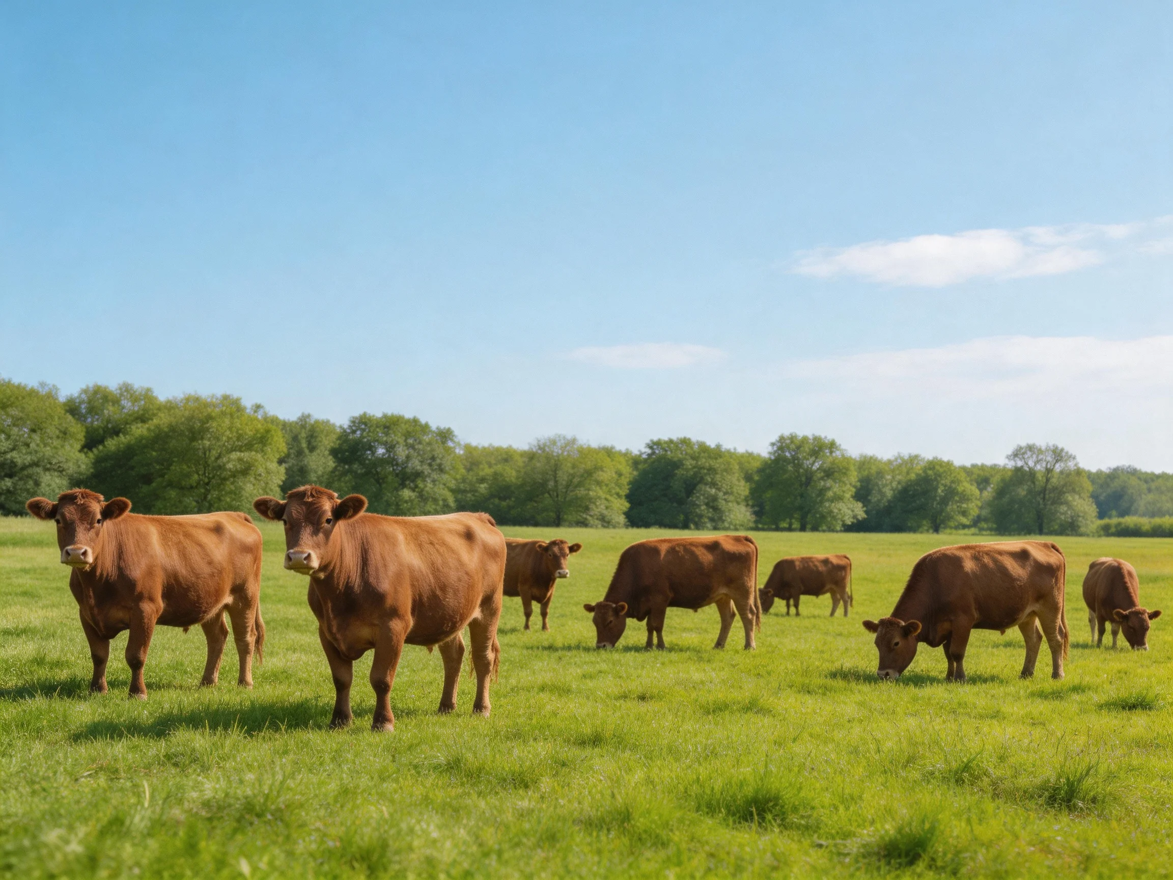 Eight brown cows graze in a lush green pasture under a clear blue sky