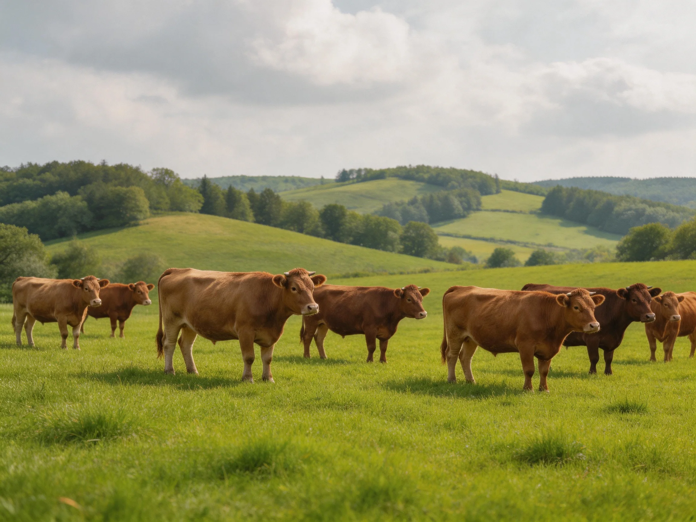Eight brown cows graze in a lush green pasture with rolling hills