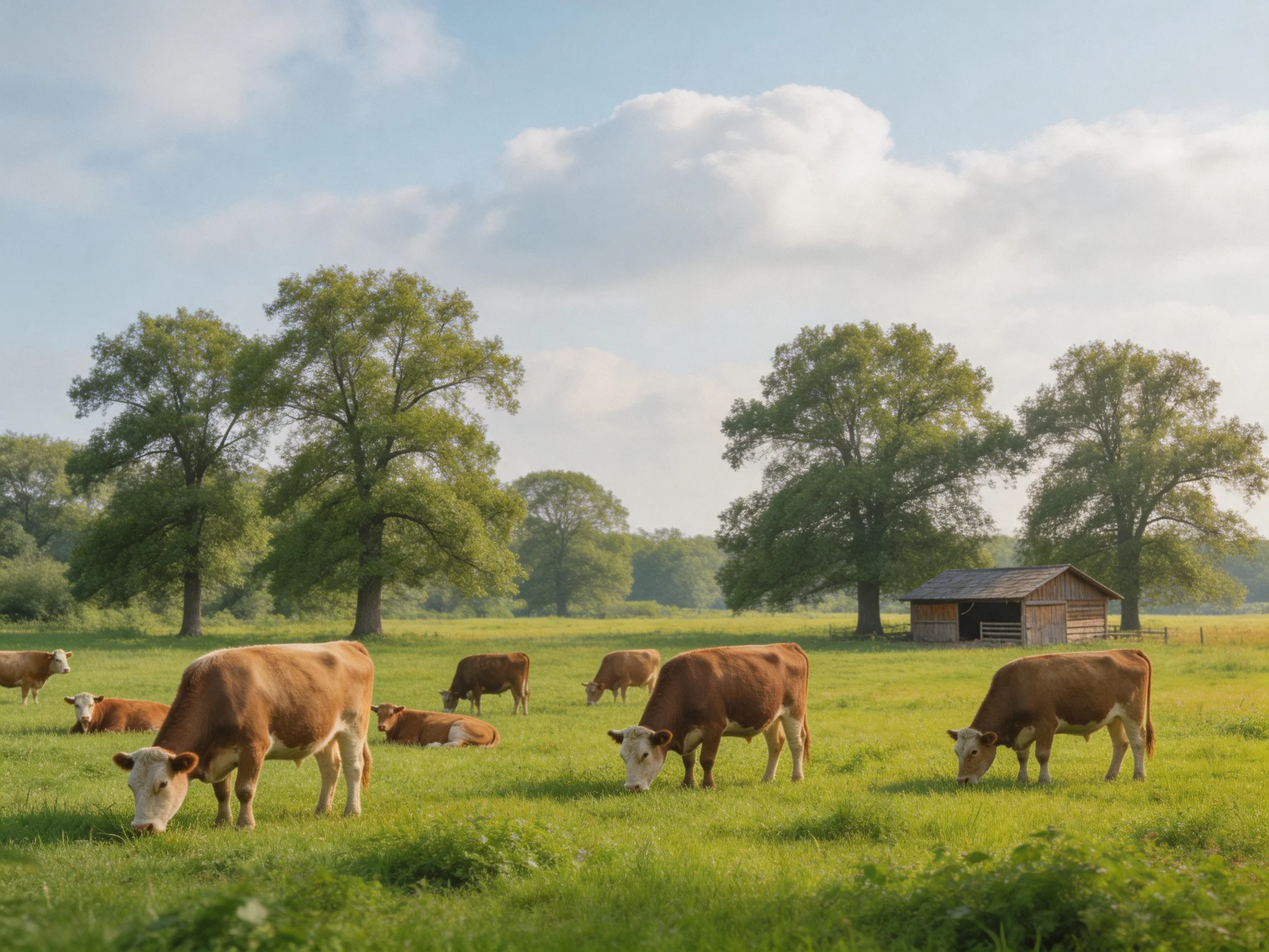 Eight brown cows graze in a sunlit green pasture with tall trees