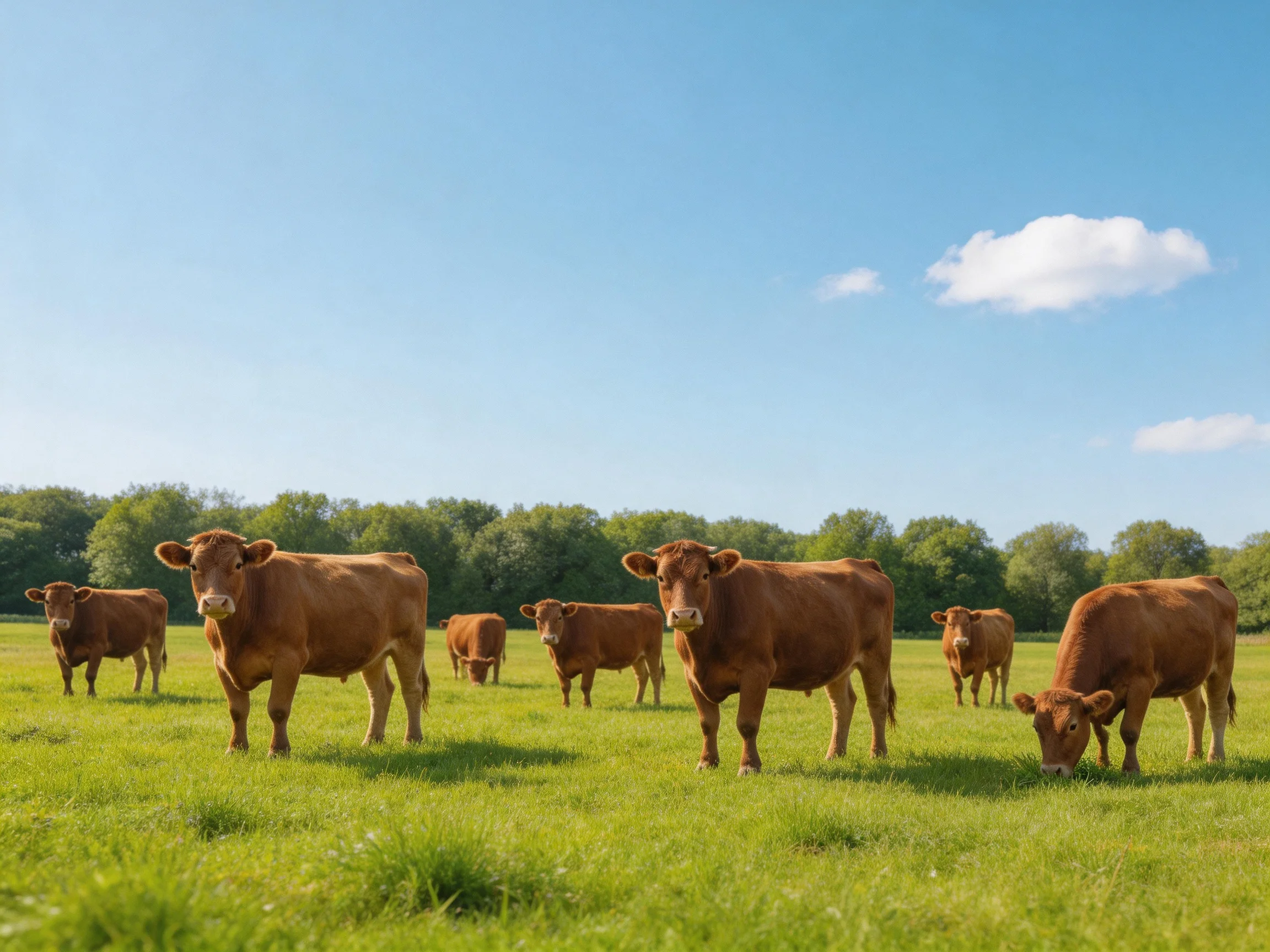 Eight brown cows graze in a verdant pasture under sunny blue sky